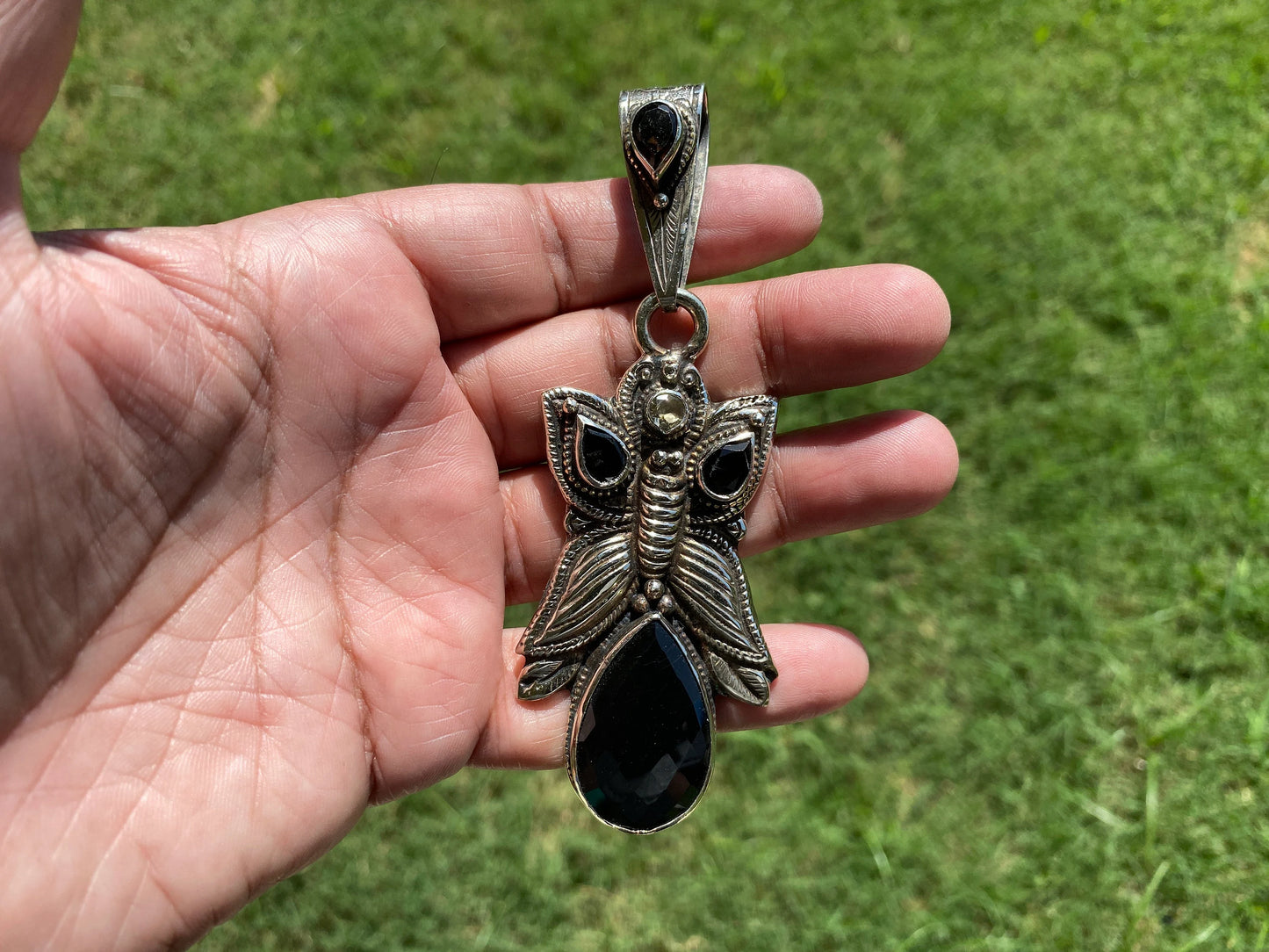 Large Tibetan Silver Pendant, Black Onyx Natural Stone, Smoky Topaz Gemstone,Tibetan Jewelry From Nepal, Ethnic Jewelry,Pendant for Necklace
