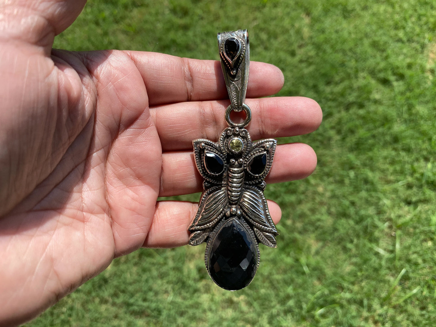 Large Tibetan Silver Pendant, Black Onyx Natural Stone, Smoky Topaz Gemstone,Tibetan Jewelry From Nepal, Ethnic Jewelry,Pendant for Necklace