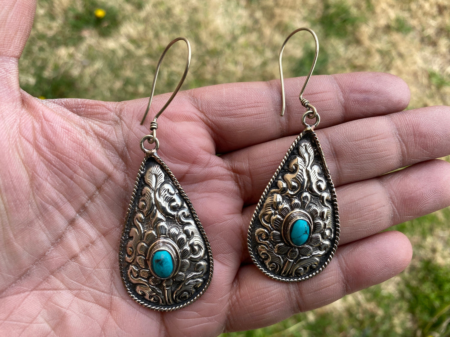 Large Tibetan Silver Tibetan Designs Earrings, Turquoise Stone, Birthstone Earring, Birthday Gift, Bridesmaid Earring, Light Weight Earring