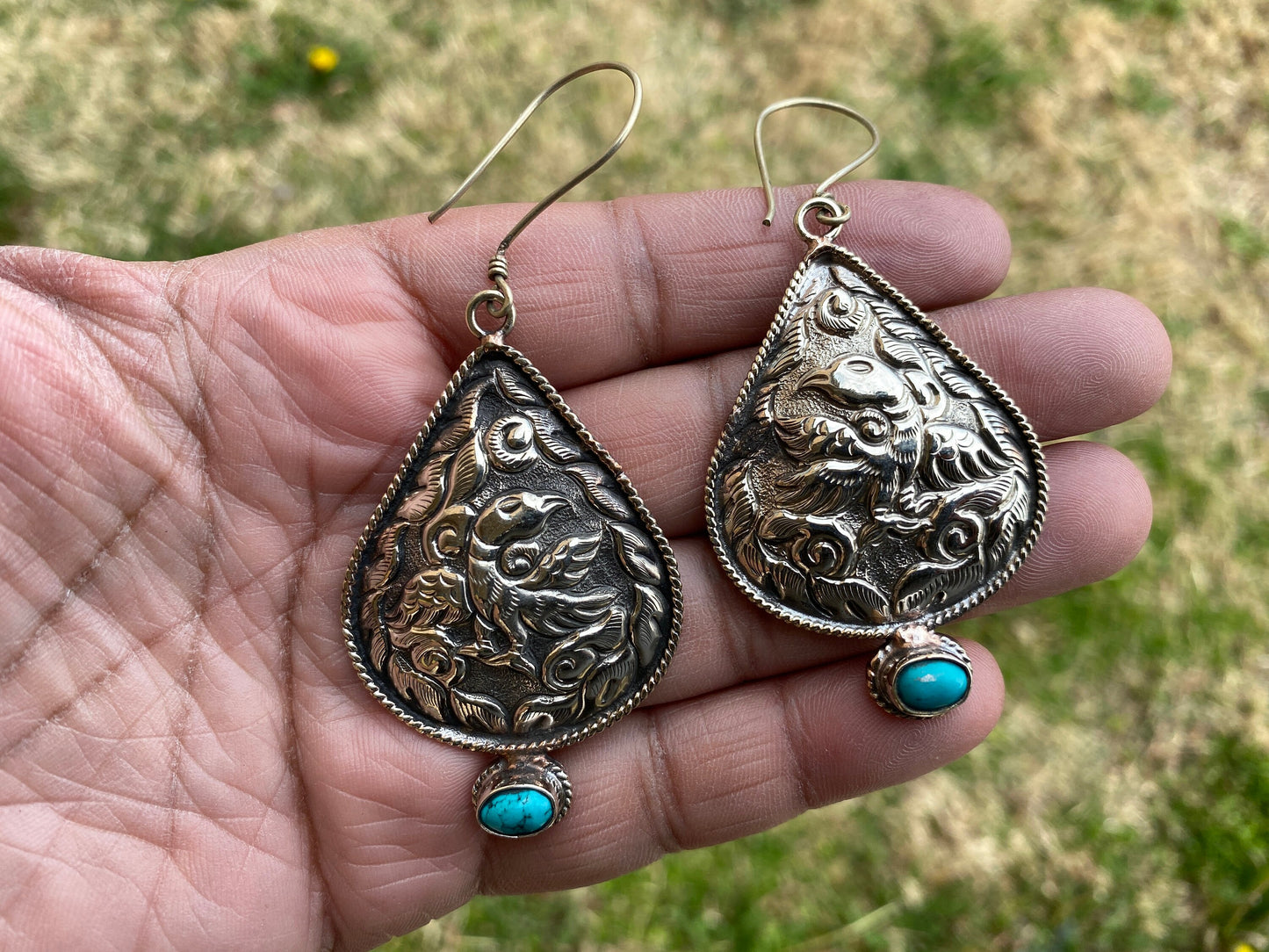 Large Tibetan Silver Tibetan Designs Earrings, Turquoise Stone, Birthstone Earring, Birthday Gift, Bridesmaid Earring, Light Weight Earring