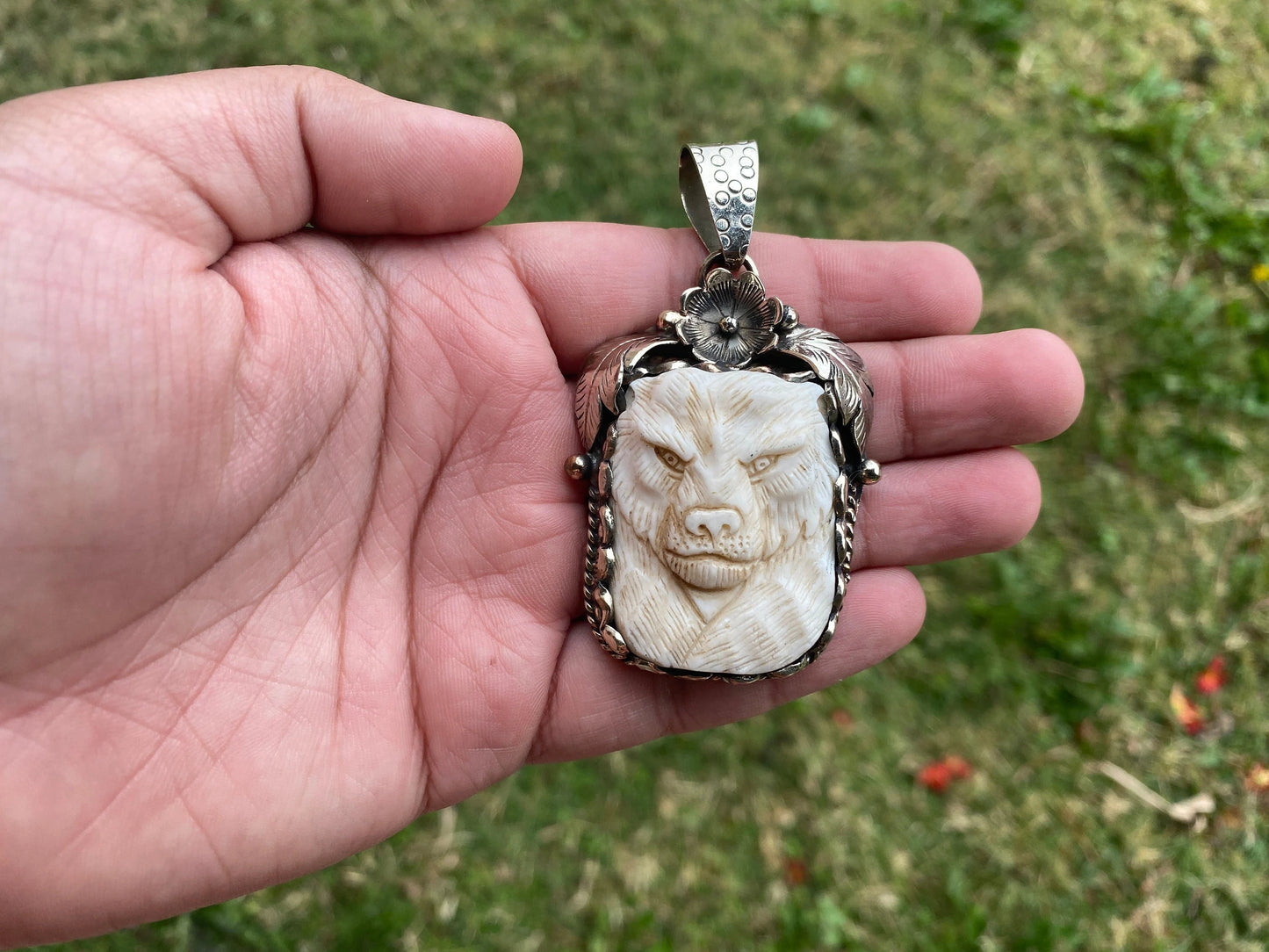 Large Tiger Hand Carved Bone Tibetan Silver Pendant, Save The Tiger, Best Cute Gift, Wild Life Jewelry, Christmas Gift for Animal Lovers