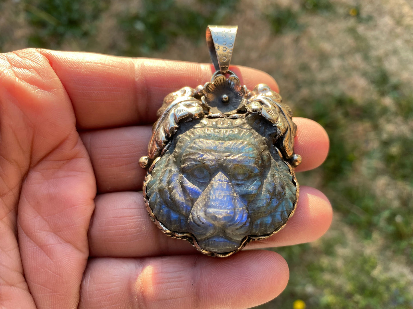 Large Tiger Head Hand Carved Labradorite Tibetan Silver Pendant, Tiger Pendant, Natural Labradorite Tiger, Crystal Pendant, Animal Pendant