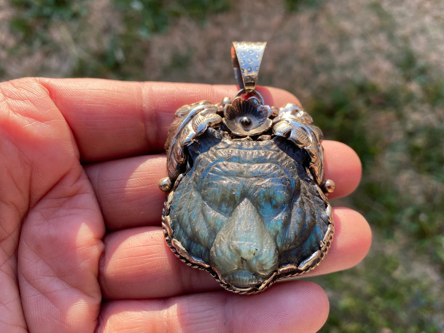 Large Tiger Head Hand Carved Labradorite Tibetan Silver Pendant, Tiger Pendant, Natural Labradorite Tiger, Crystal Pendant, Animal Pendant