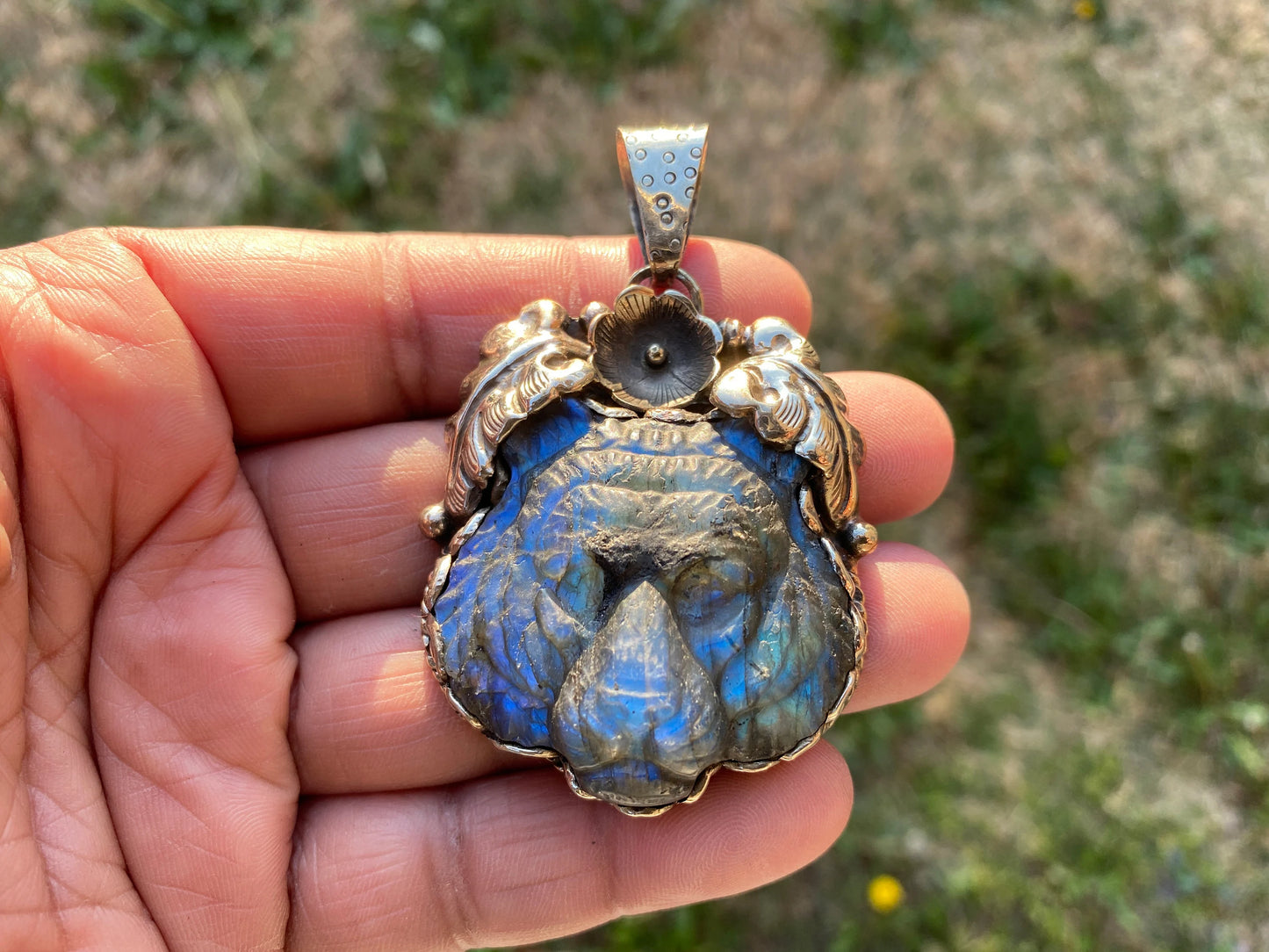 Large Tiger Head Hand Carved Labradorite Tibetan Silver Pendant, Tiger Pendant, Natural Labradorite Tiger, Crystal Pendant, Animal Pendant