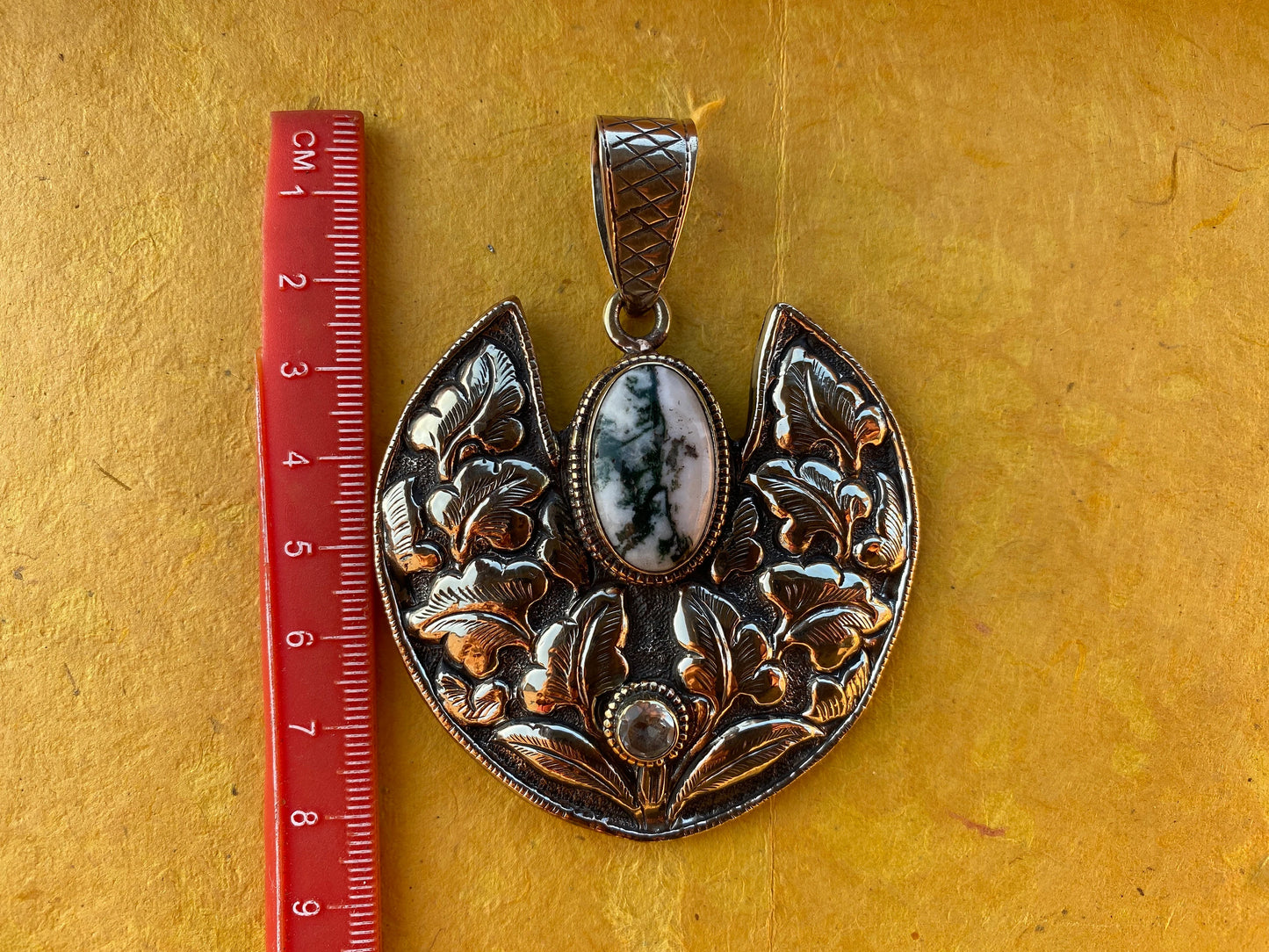 Large Tree Agate Natural Stone, Tibetan Silver Pendant, White Topaz Gemstone Pendant, Himalayan Traditional Jewelry, Hand Carved Jewelry