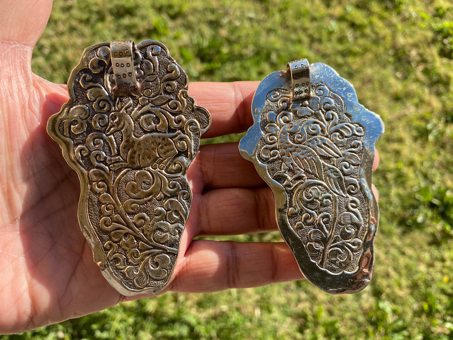 Large Bear with Eagle Carved Buffalo Bone Tibetan Silver Pendant, Jewelry for Men or Women, Ethnic Jewelry, Bone Pendant for Necklace, Boho