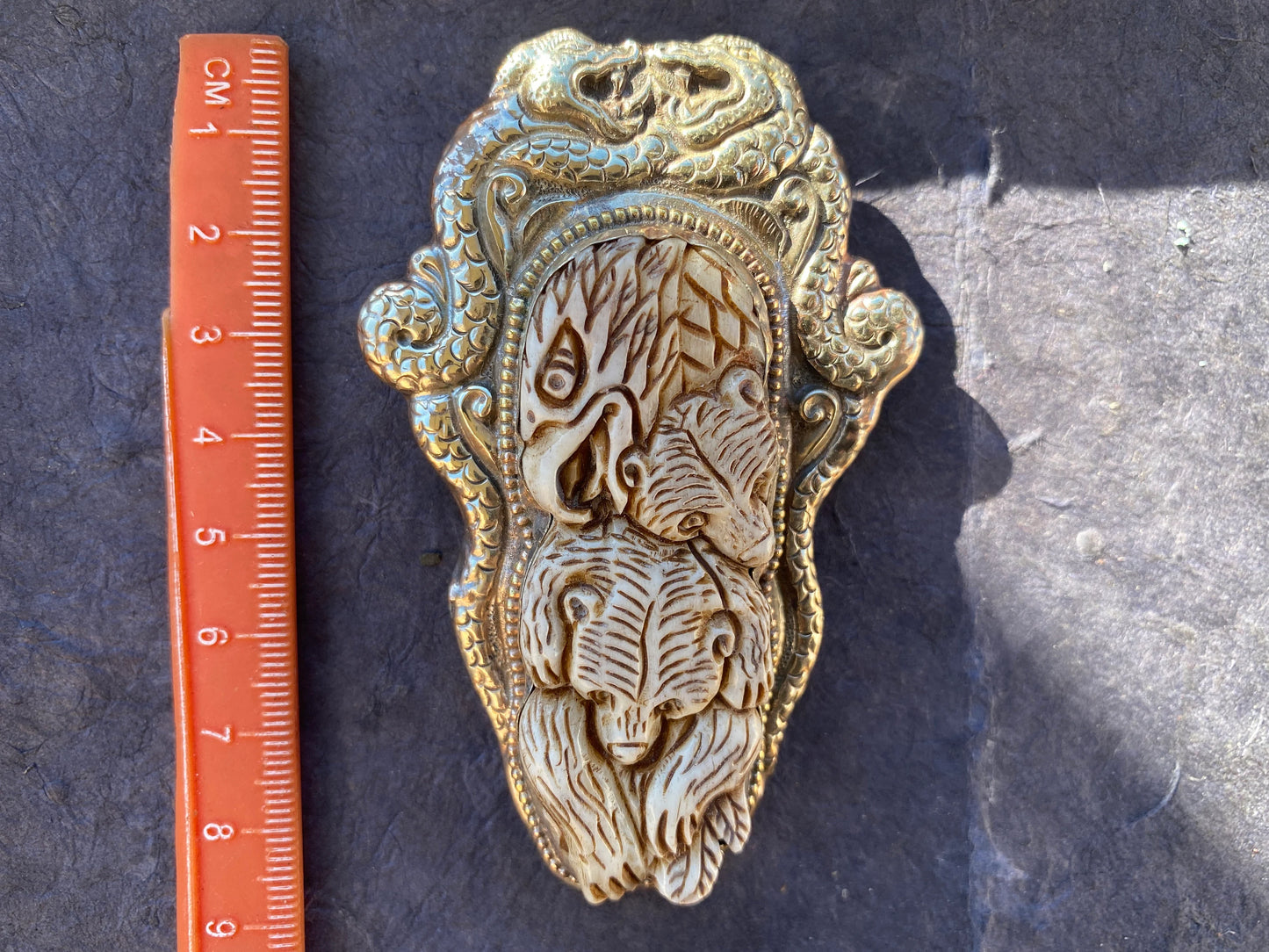 Large Bear with Eagle Carved Buffalo Bone Tibetan Silver Pendant, Jewelry for Men or Women, Ethnic Jewelry, Bone Pendant for Necklace, Boho