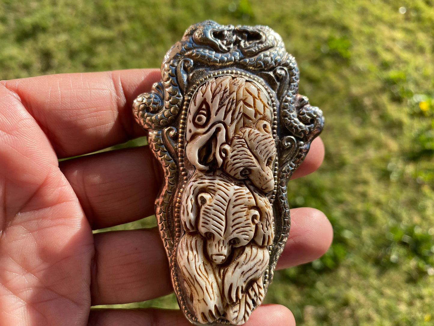 Large Bear with Eagle Carved Buffalo Bone Tibetan Silver Pendant, Jewelry for Men or Women, Ethnic Jewelry, Bone Pendant for Necklace, Boho
