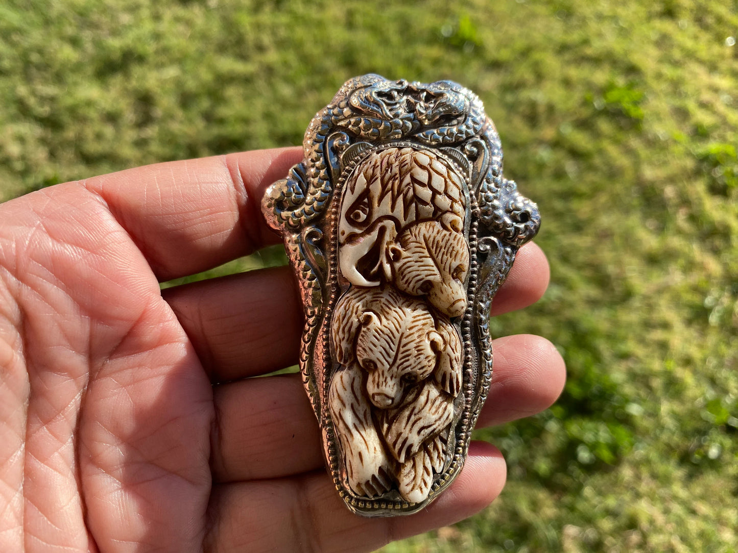 Large Bear with Eagle Carved Buffalo Bone Tibetan Silver Pendant, Jewelry for Men or Women, Ethnic Jewelry, Bone Pendant for Necklace, Boho