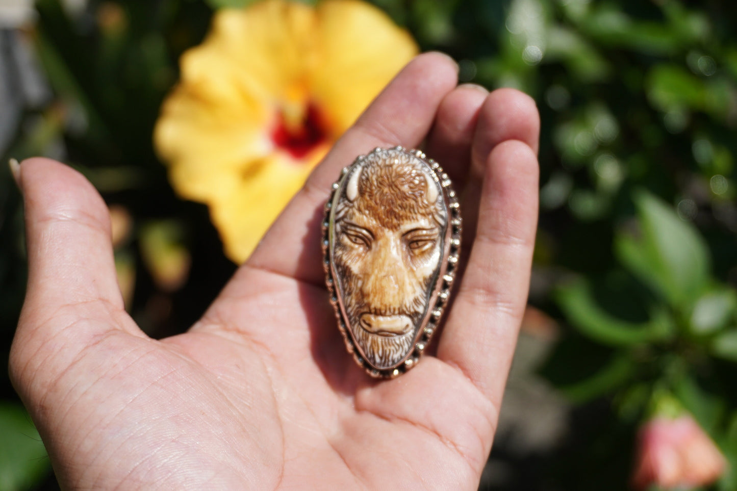 Large Buffalo bone Ring with Carved bull face on Bone | Natural Tibetan Silver Ring, Ring for daily wear, Unisex healing Jewelry
