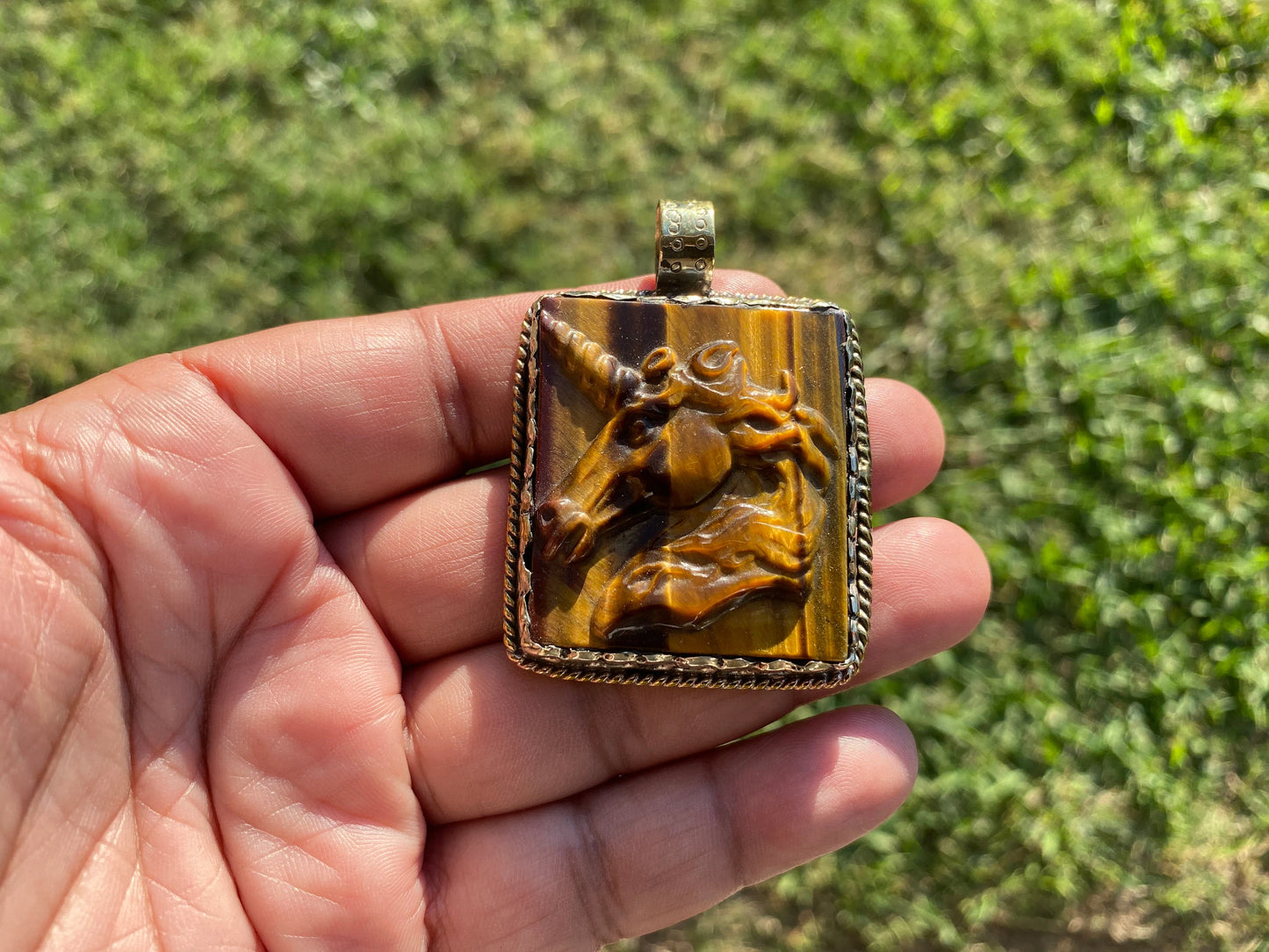 Large Hand Carved Unicorn Pendant, Tiger Eye Natural Stone, Tibetan Silver Pendant, Horse Pendant, Animal Lover's Jewelry, Mythical Jewelry