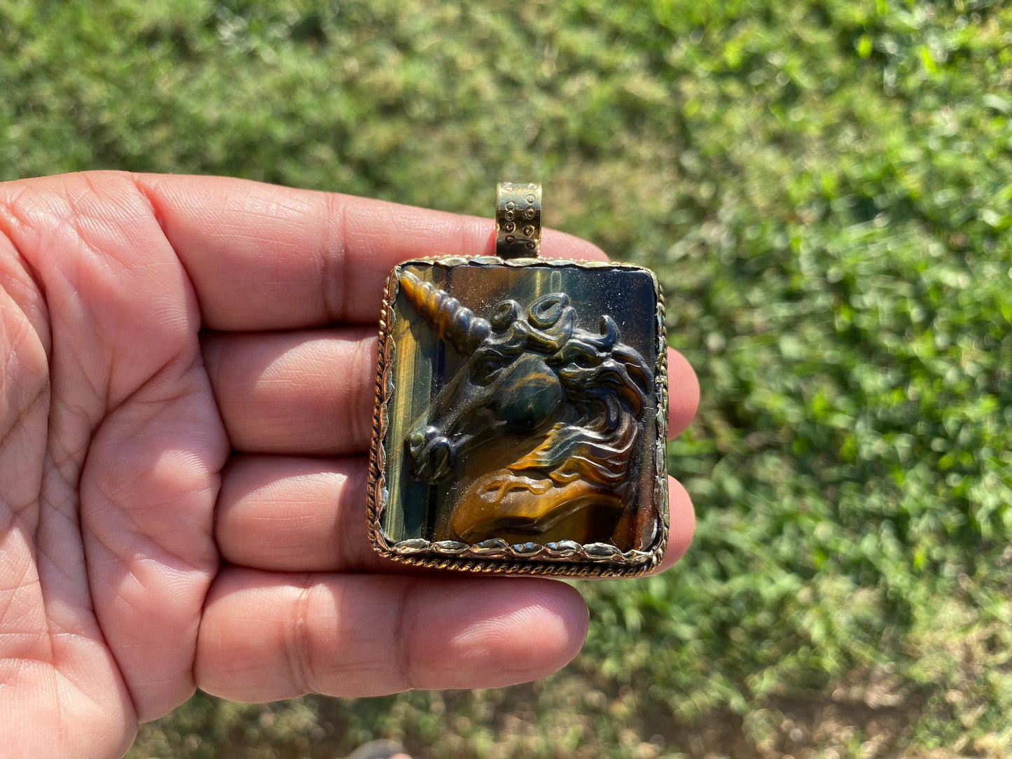 Large Hand Carved Unicorn Pendant, Tiger Eye Natural Stone, Tibetan Silver Pendant, Horse Pendant, Animal Lover's Jewelry, Mythical Jewelry