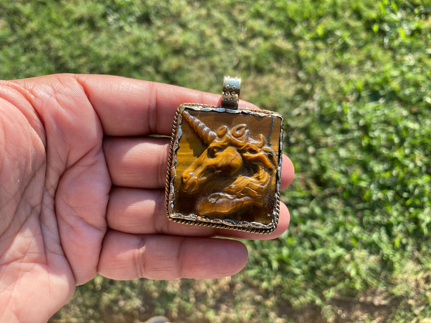 Large Hand Carved Unicorn Pendant, Tiger Eye Natural Stone, Tibetan Silver Pendant, Horse Pendant, Animal Lover's Jewelry, Mythical Jewelry