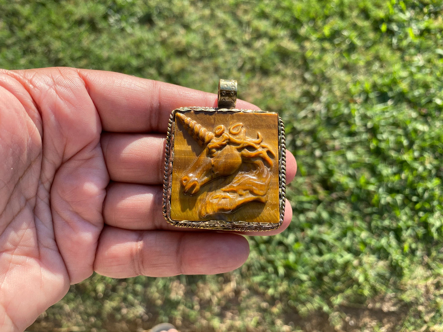 Large Hand Carved Unicorn Pendant, Tiger Eye Natural Stone, Tibetan Silver Pendant, Horse Pendant, Animal Lover's Jewelry, Mythical Jewelry