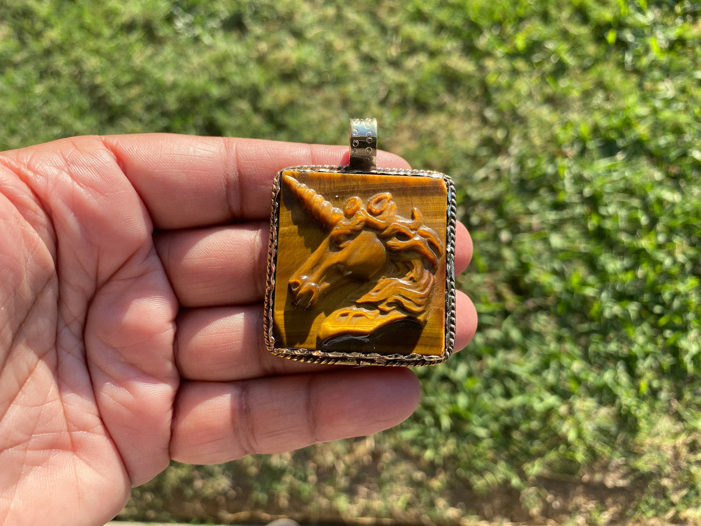 Large Hand Carved Unicorn Pendant, Tiger Eye Natural Stone, Tibetan Silver Pendant, Horse Pendant, Animal Lover's Jewelry, Mythical Jewelry