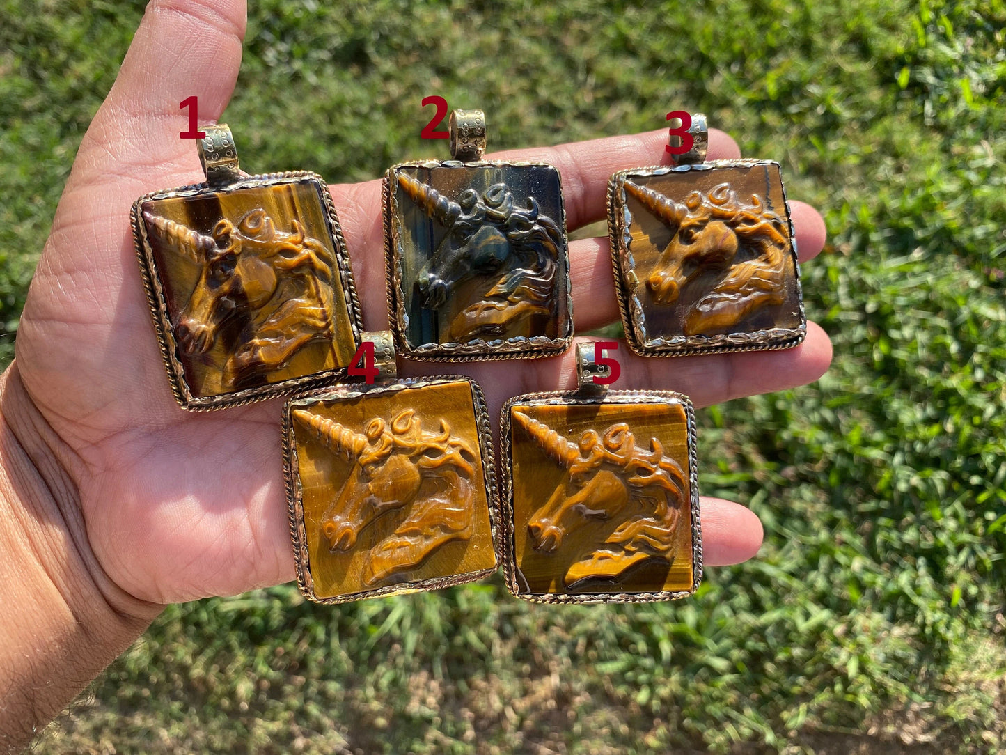 Large Hand Carved Unicorn Pendant, Tiger Eye Natural Stone, Tibetan Silver Pendant, Horse Pendant, Animal Lover's Jewelry, Mythical Jewelry