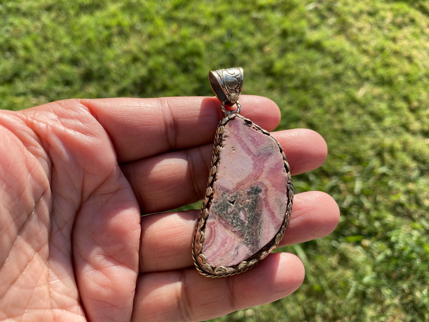 Large Raw Rhodochrosite Natural Stone Tibetan Silver Pendant, Heart Chakra Necklace Pendant, Women's or Men's Jewelry, Pink Stone Pendant