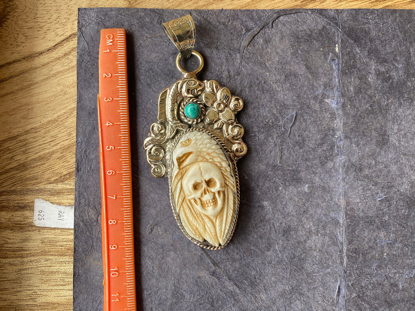 Large Skull with Eagle Carved Buffalo Bone Turquoise Tibetan Silver Pendant, Unisex Skull Pendant, Jewelry for Men or Women, Sugar Skull