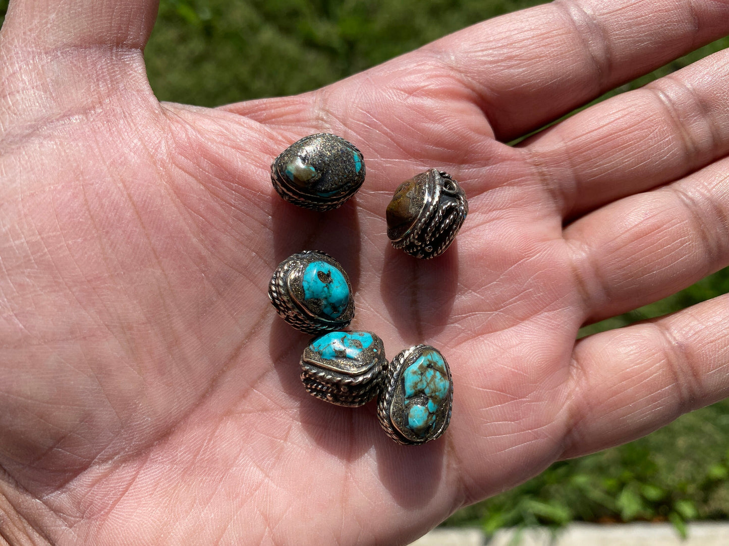 Large & Small Natural Turquoise Nuggets Tibetan Silver Bead, Gemstone Beads, Nature Jewelry Bead, Beads for Necklace, Bracelet Charm Bead
