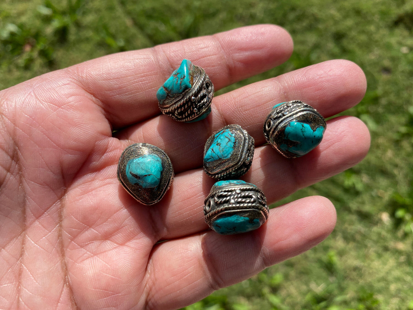 Large & Small Natural Turquoise Nuggets Tibetan Silver Bead, Gemstone Beads, Nature Jewelry Bead, Beads for Necklace, Bracelet Charm Bead