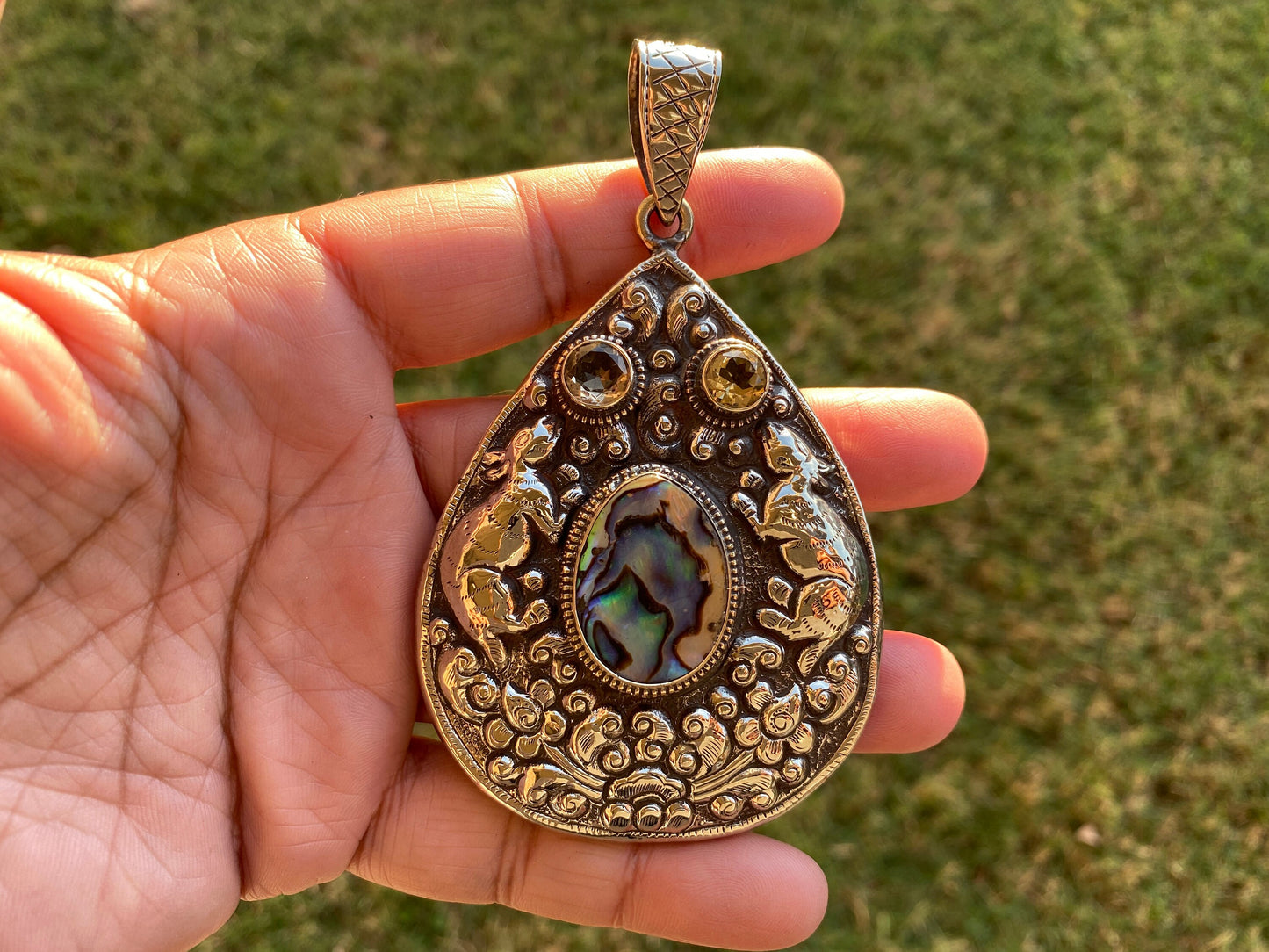 Large Tibetan Silver Pendant, Abalone with Ruby or Citrine Gemstone, Hand carved Jewelry from Nepal, Ethnic Tribe Jewelry,Birthstone Pendant