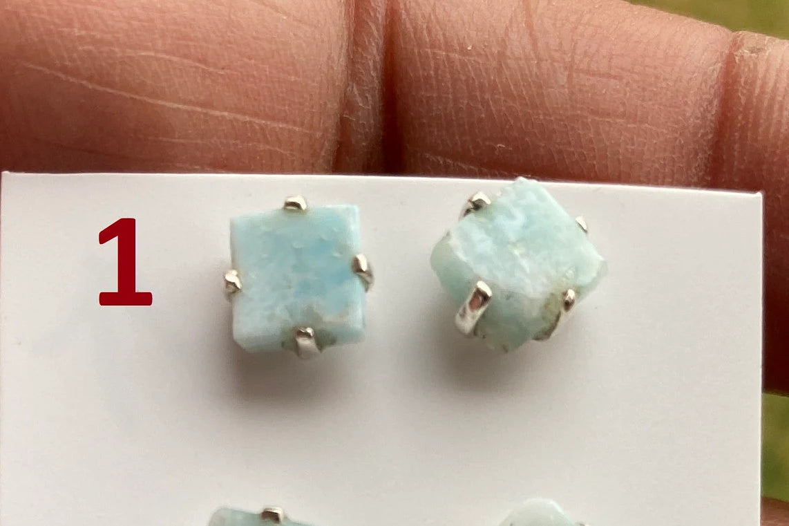 Tiny Rough Larimar Sterling Silver Stud Earrings, Larimar Earring, Larimar Jewelry, Raw Larimar Stone, Raw Larimar Slab, Raw Larimar Crystal