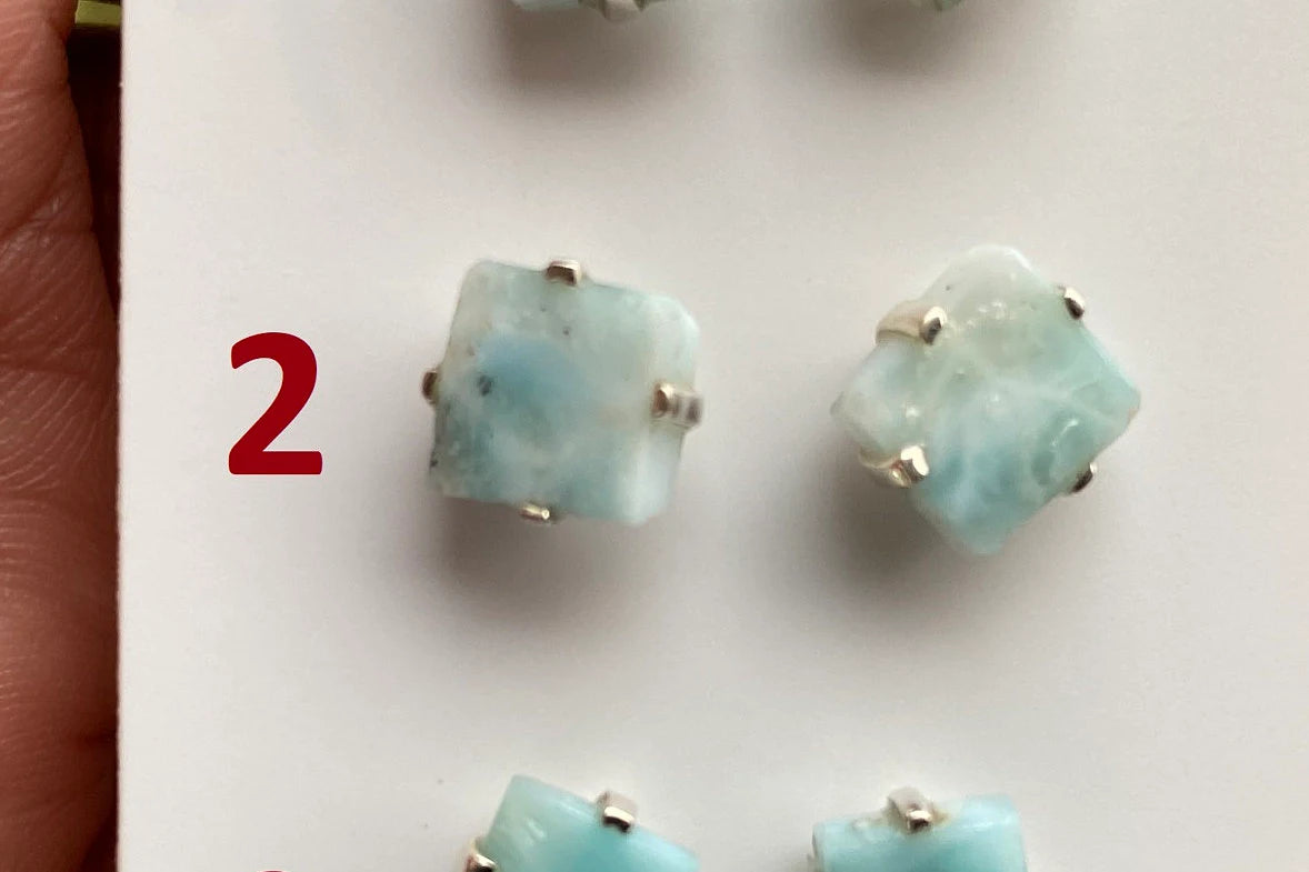 Tiny Rough Larimar Sterling Silver Stud Earrings, Larimar Earring, Larimar Jewelry, Raw Larimar Stone, Raw Larimar Slab, Raw Larimar Crystal