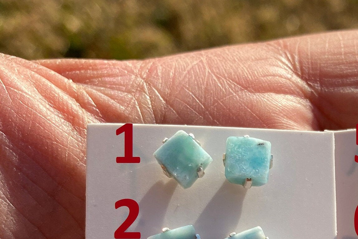 Tiny Raw Larimar Stud Earrings Sterling Silver, Larimar Earrings, Larimar Jewelry, Raw Larimar Stone, Raw Larimar Slab, Raw Larimar Crystal