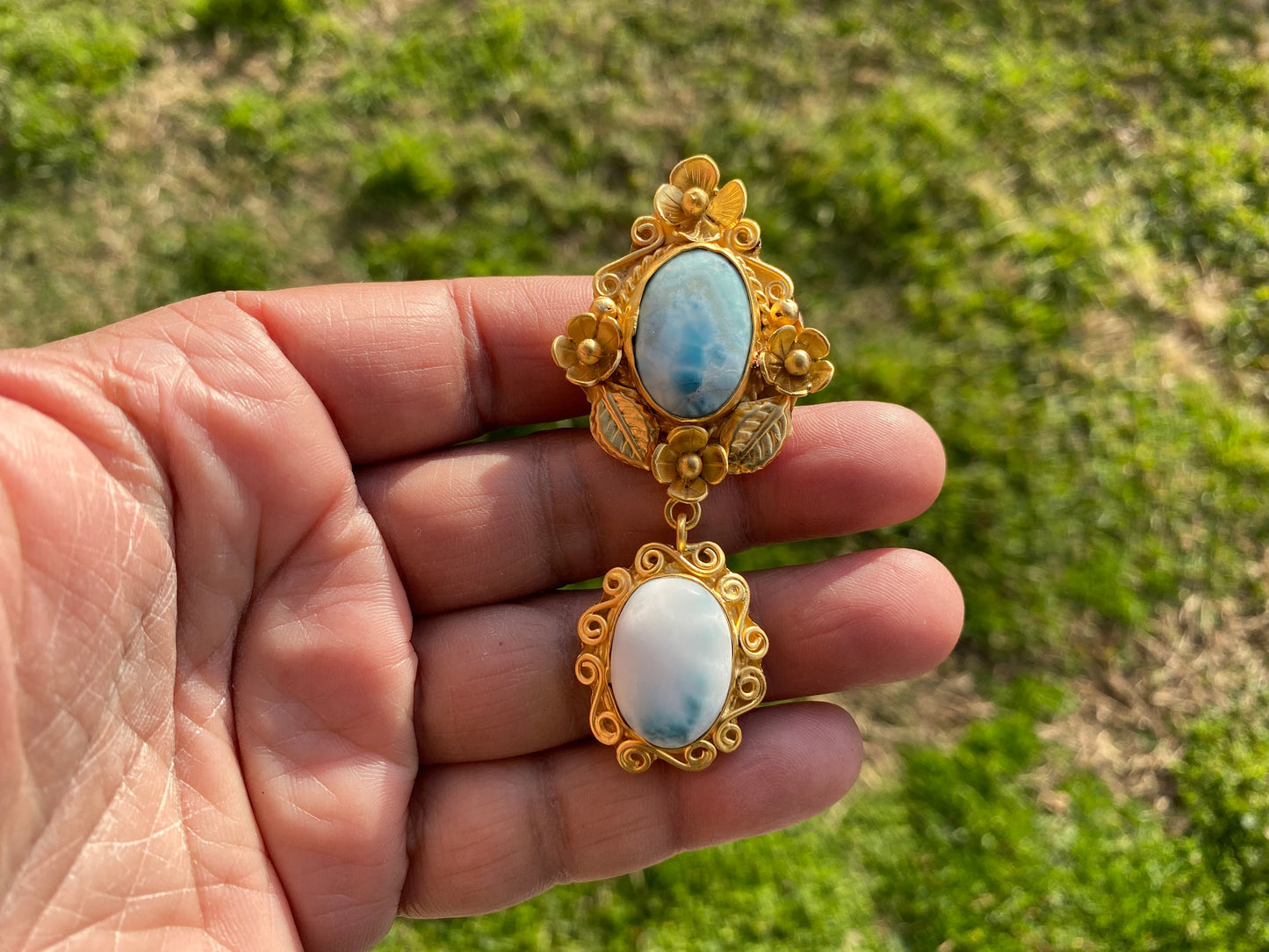 Larimar Natural Stone Brushed Gold Pendant, Non Tarnish Gold Overlay, Jewelry for Women, Ethnic Jewelry, Energy Stone Pendant, Blue Stone