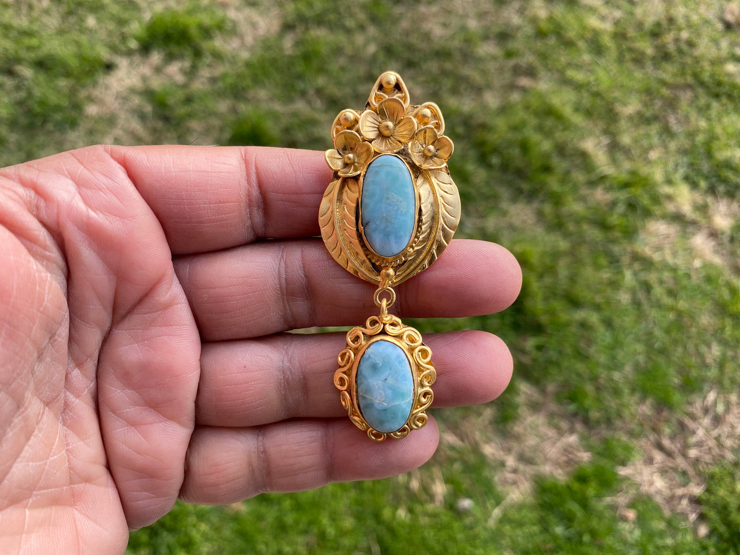 Larimar Natural Stone Gold Pendant, Non Tarnish Brushed Gold Overlay, Jewelry for Women, Ethnic Jewelry, Ocean Blue Stone, Throat Chakra