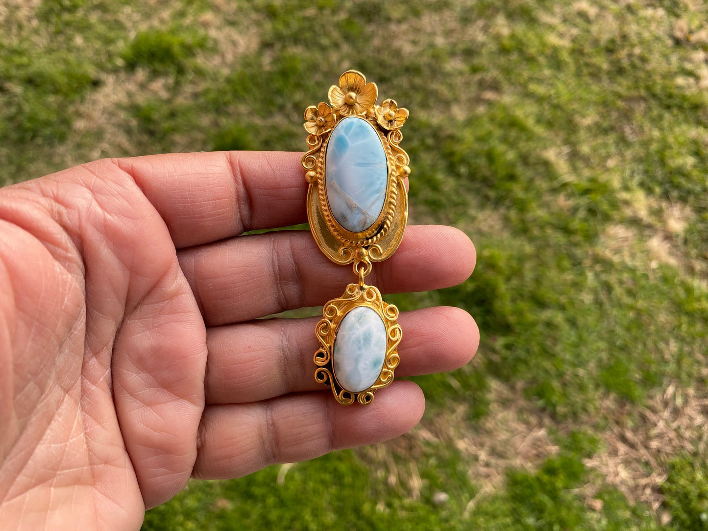Larimar Natural Stone Gold Pendant, Non Tarnish Brushed Gold Overlay, Jewelry for Women, Ethnic Jewelry, Ocean Blue Stone, Throat Chakra