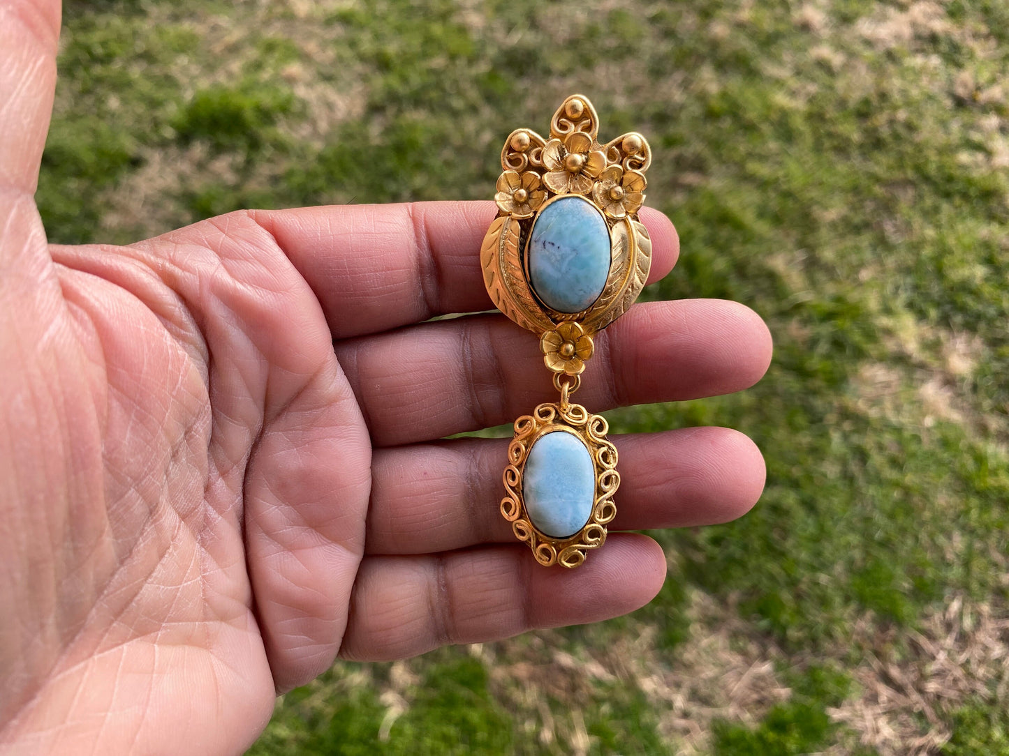 Larimar Natural Stone Gold Pendant, Non Tarnish Brushed Gold Overlay, Jewelry for Women, Ethnic Jewelry, Ocean Blue Stone, Throat Chakra