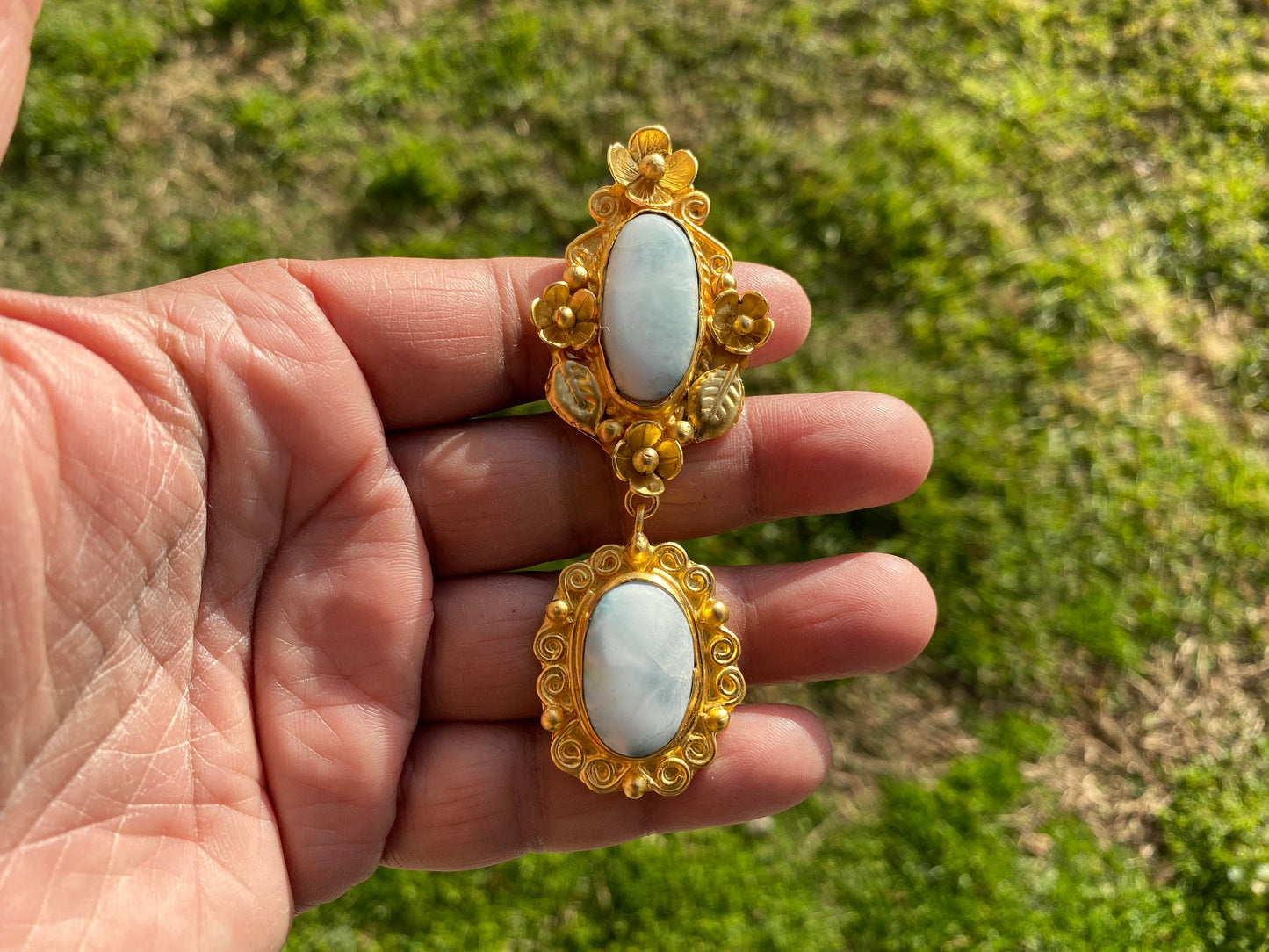 Larimar Natural Stone Gold Pendant, Non Tarnish Brushed Gold Overlay, Jewelry for Women, Ethnic Jewelry, Ocean Blue Stone, Throat Chakra