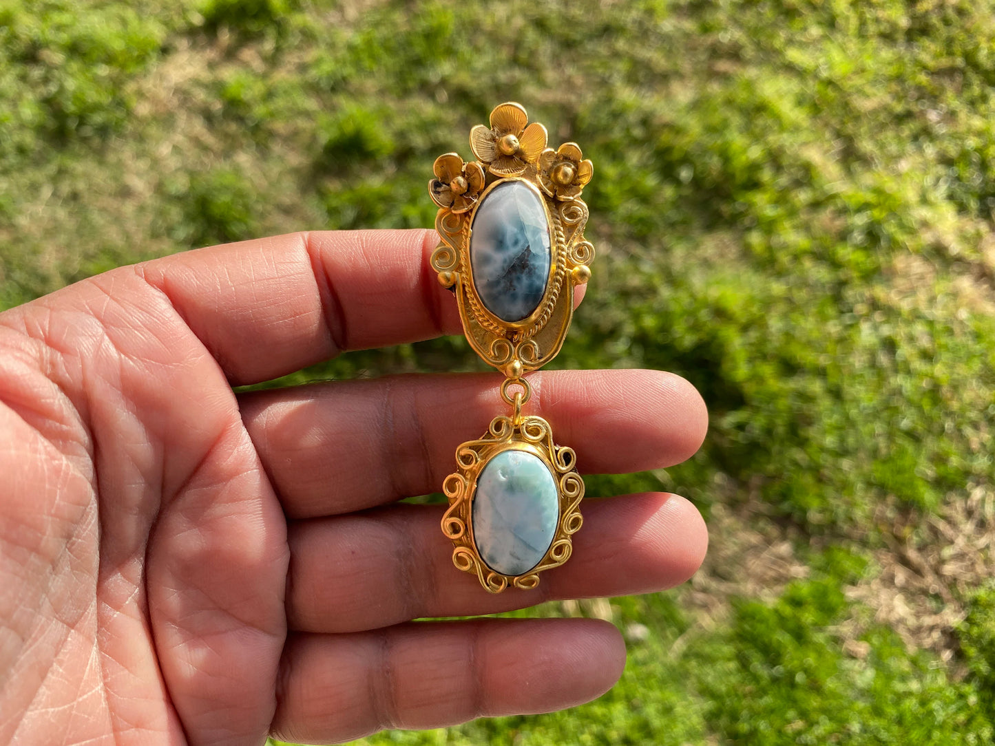 Larimar Natural Stone Gold Pendant, Non Tarnish Brushed Gold Overlay, Jewelry for Women, Ethnic Jewelry, Ocean Blue Stone, Throat Chakra