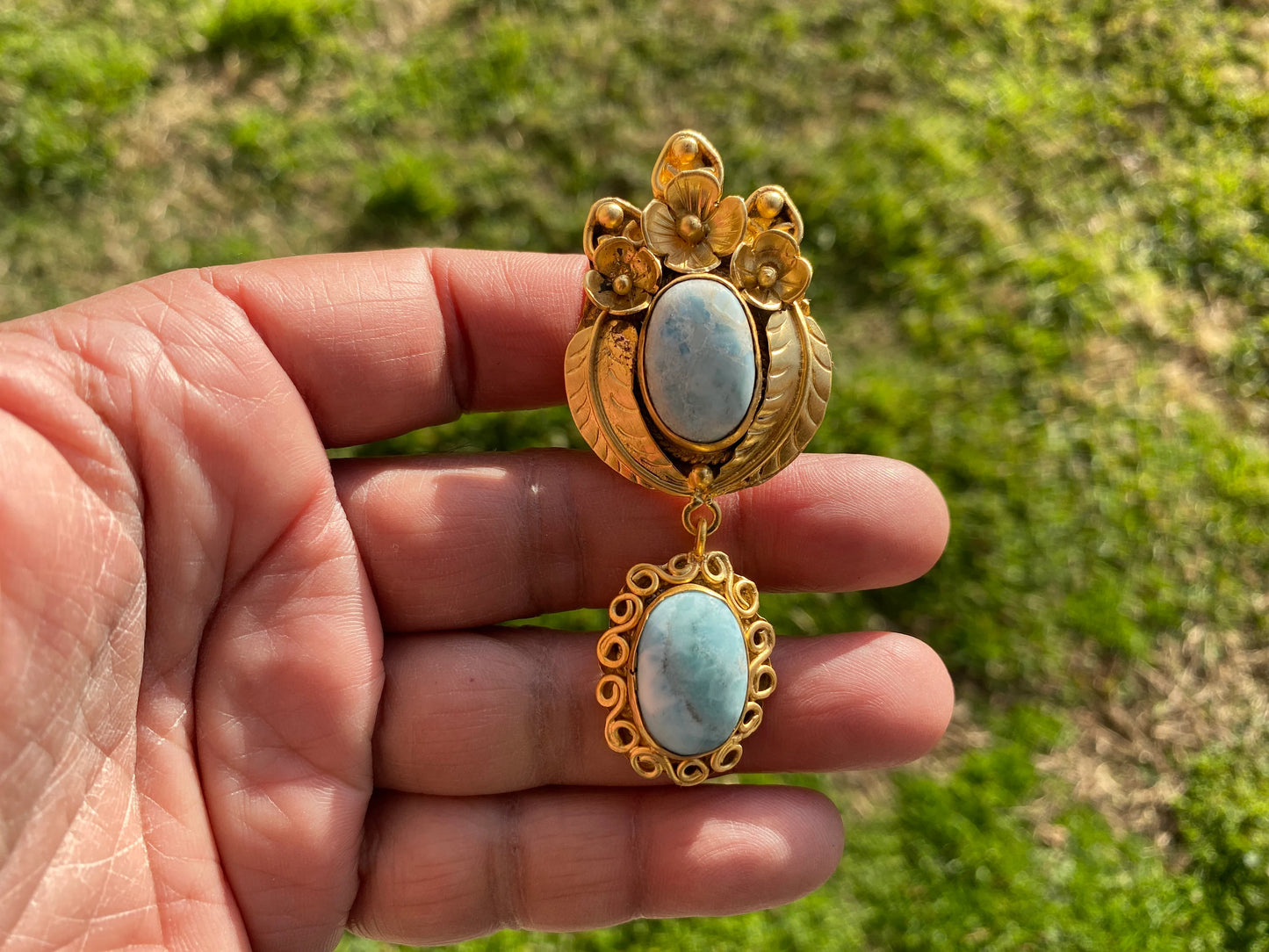 Larimar Natural Stone Gold Pendant, Non Tarnish Brushed Gold Overlay, Jewelry for Women, Ethnic Jewelry, Ocean Blue Stone, Throat Chakra