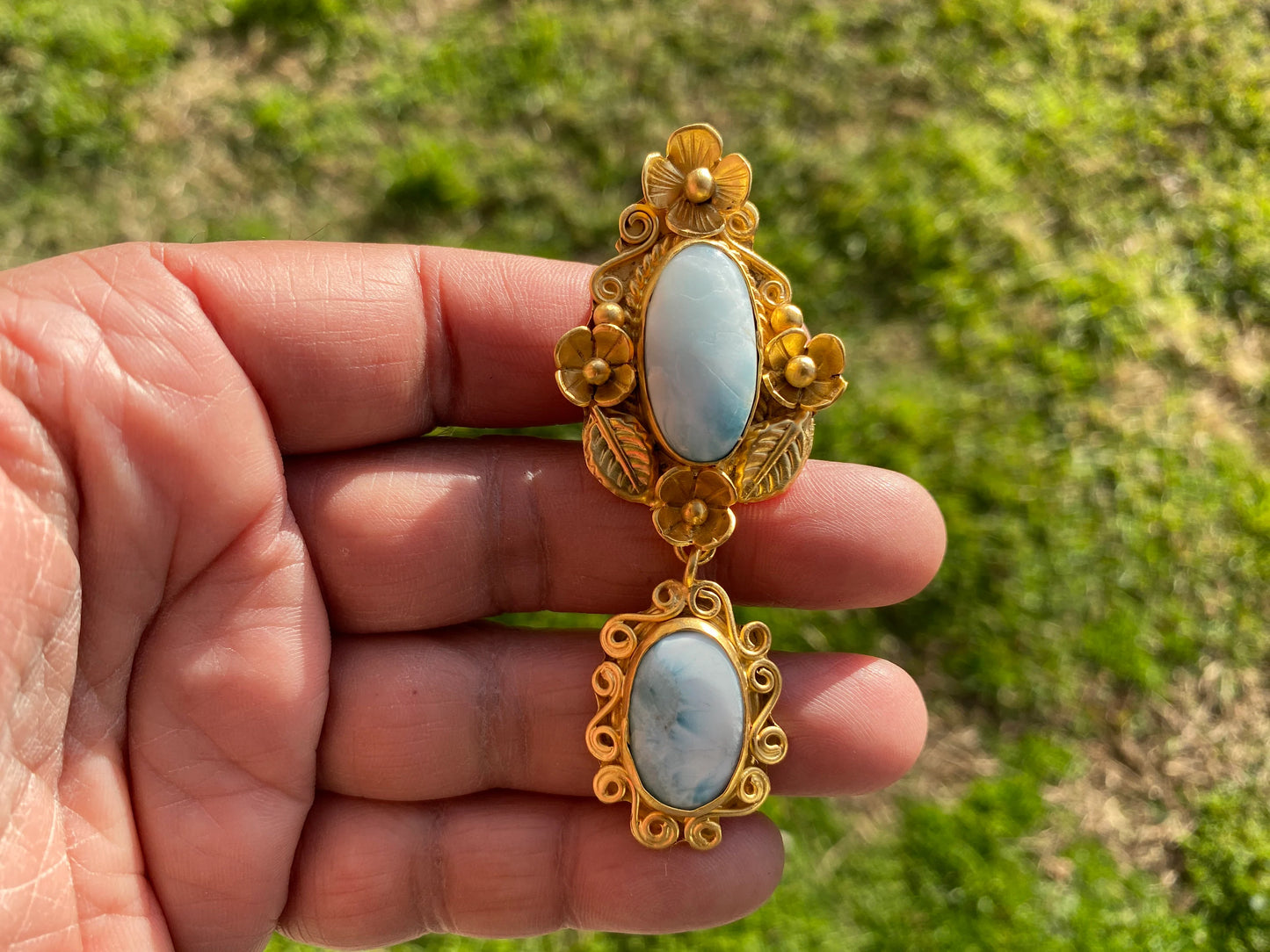 Larimar Natural Stone Gold Pendant, Non Tarnish Brushed Gold Overlay, Jewelry for Women, Ethnic Jewelry, Ocean Blue Stone, Throat Chakra