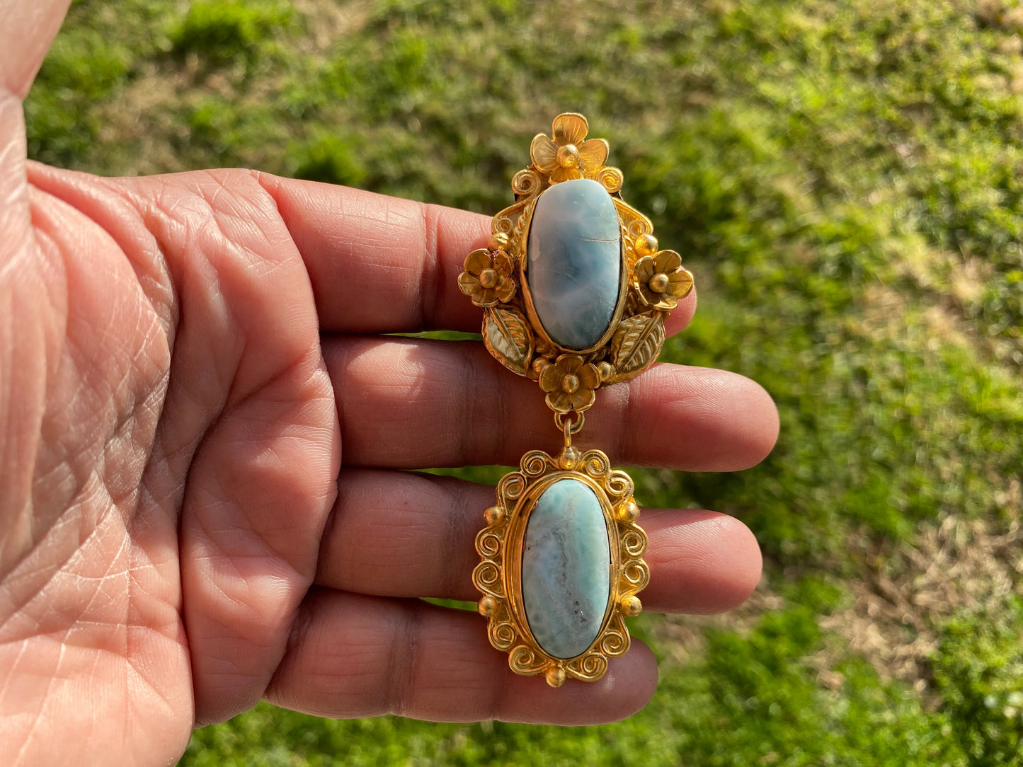Larimar Natural Stone Gold Pendant, Non Tarnish Brushed Gold Overlay, Jewelry for Women, Ethnic Jewelry, Ocean Blue Stone, Throat Chakra