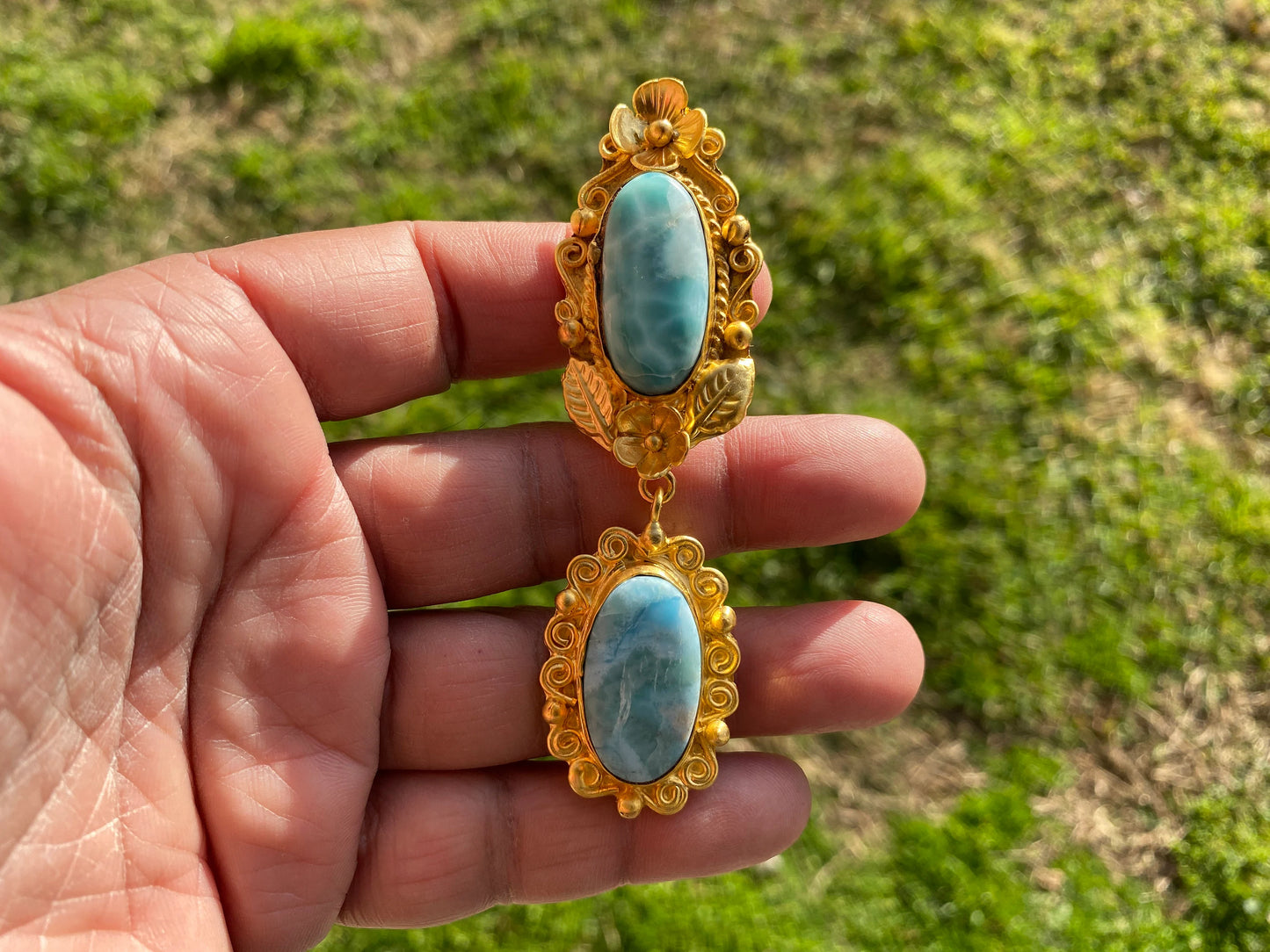 Larimar Natural Stone Gold Pendant, Non Tarnish Brushed Gold Overlay, Jewelry for Women, Ethnic Jewelry, Ocean Blue Stone, Throat Chakra
