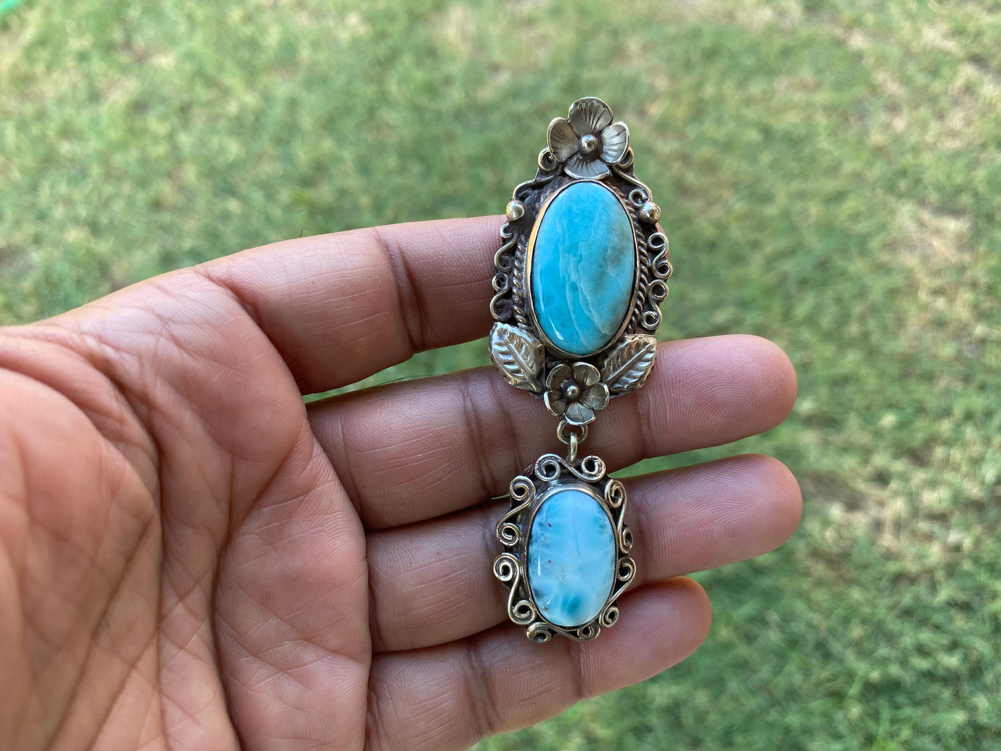 Larimar Natural Stone Tibetan Silver Pendant, Jewelry for Men or Women, Ethnic Jewelry, Energy Stone Pendant, Birthstone, Hill Tribe, Boho