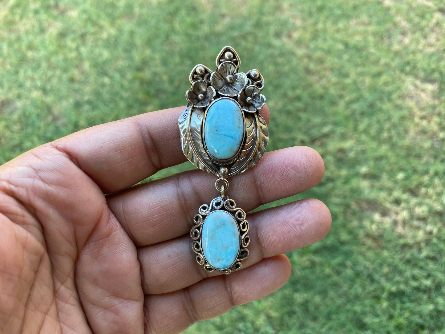 Larimar Natural Stone Tibetan Silver Pendant, Jewelry for Men or Women, Ethnic Jewelry, Energy Stone Pendant, Birthstone, Hill Tribe, Boho