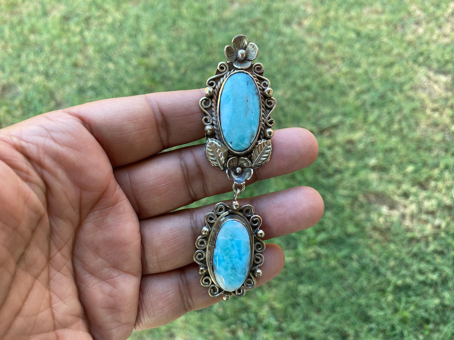 Larimar Natural Stone Tibetan Silver Pendant, Jewelry for Men or Women, Ethnic Jewelry, Energy Stone Pendant, Birthstone, Hill Tribe, Boho