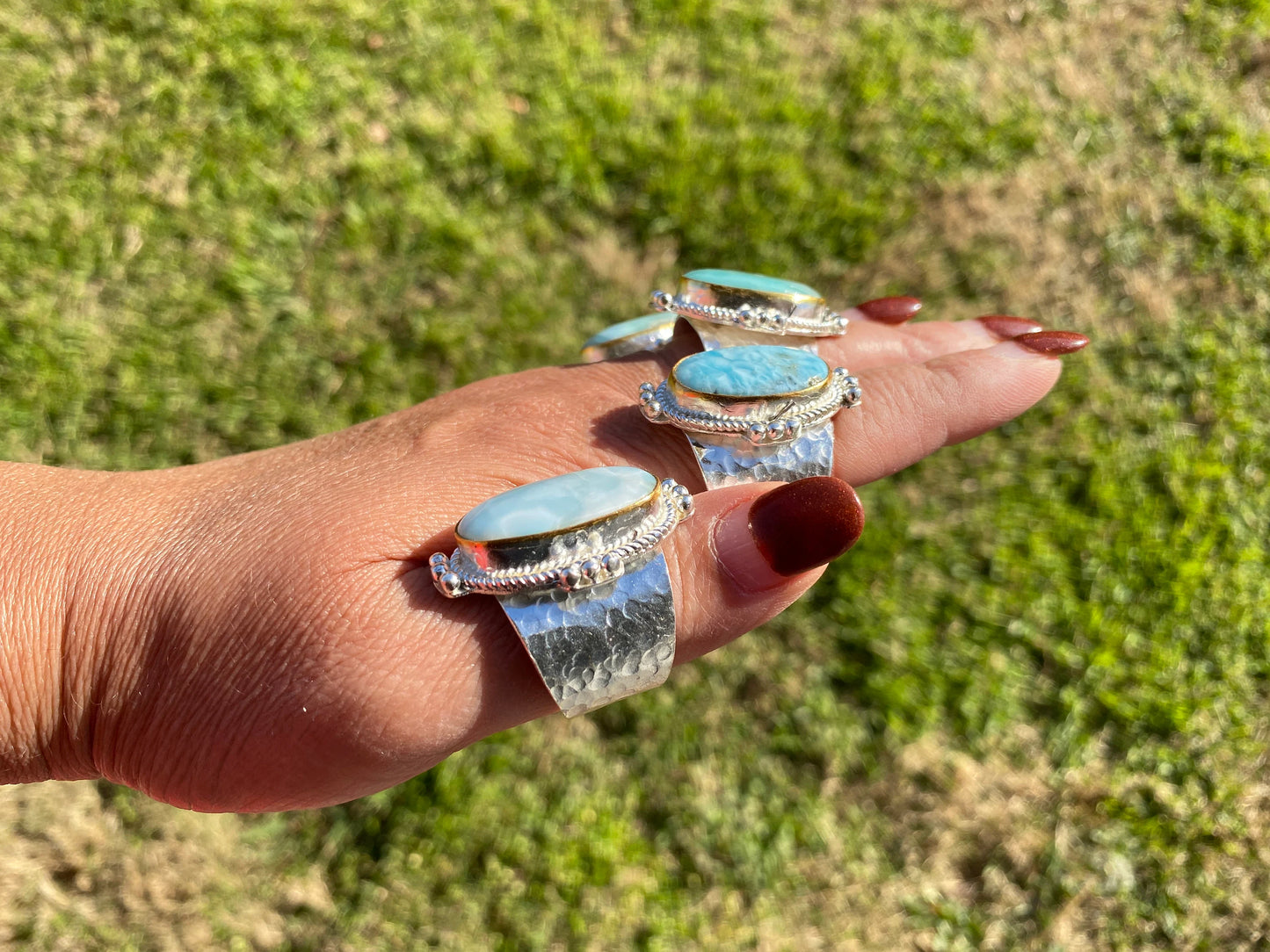 Larimar Two Tone Big Adjustable Ring, Brushed Gold & Silver Overlay, Natural Gemstone Ring, Statement Ring, Bridesmaid Gift, Hammered Ring