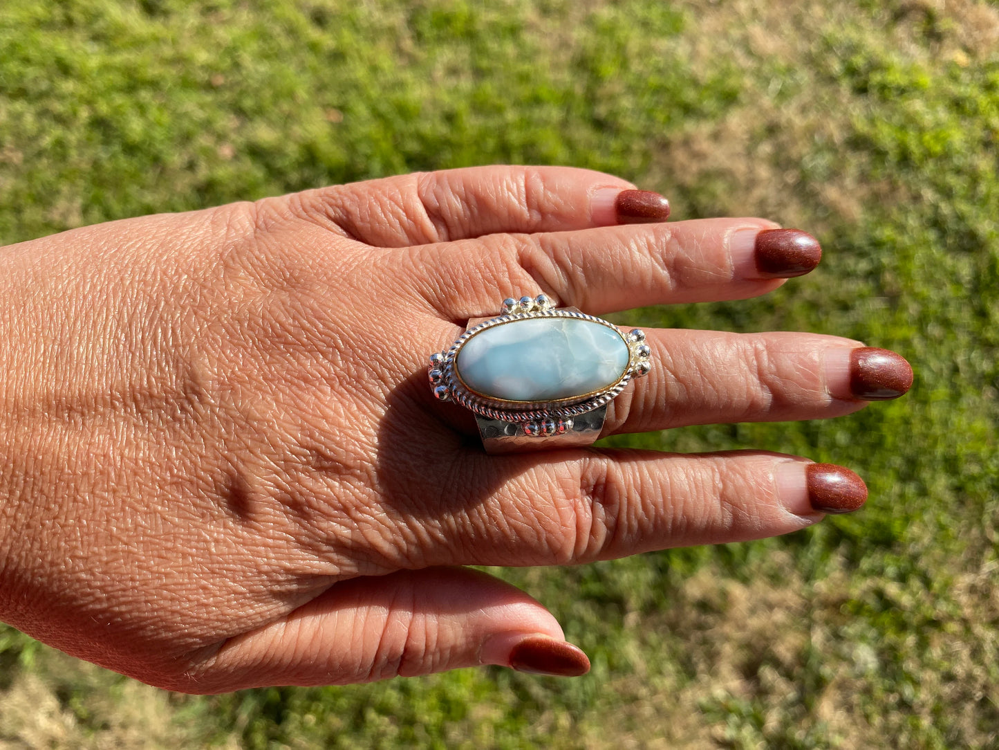 Larimar Two Tone Big Adjustable Ring, Brushed Gold & Silver Overlay, Natural Gemstone Ring, Statement Ring, Bridesmaid Gift, Hammered Ring