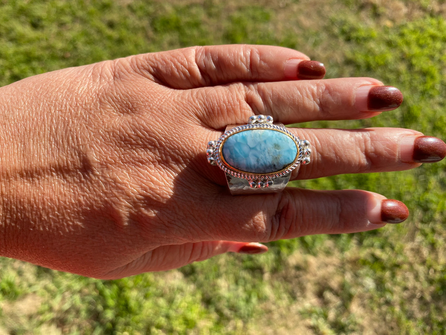Larimar Two Tone Big Adjustable Ring, Brushed Gold & Silver Overlay, Natural Gemstone Ring, Statement Ring, Bridesmaid Gift, Hammered Ring