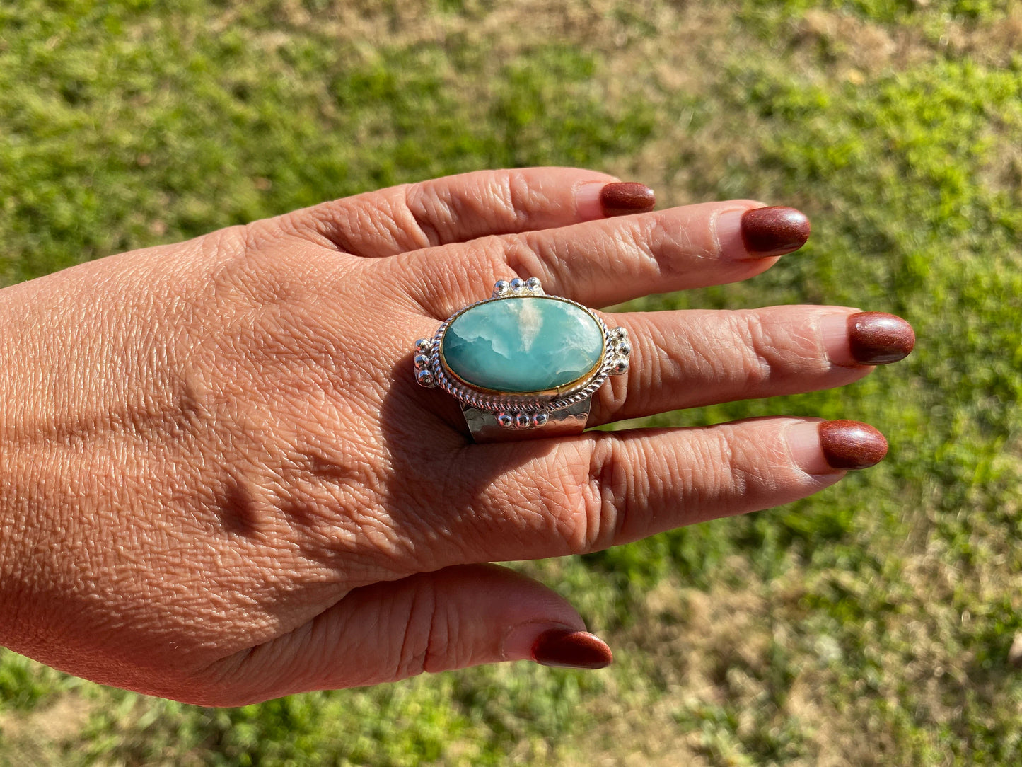 Larimar Two Tone Big Adjustable Ring, Brushed Gold & Silver Overlay, Natural Gemstone Ring, Statement Ring, Bridesmaid Gift, Hammered Ring