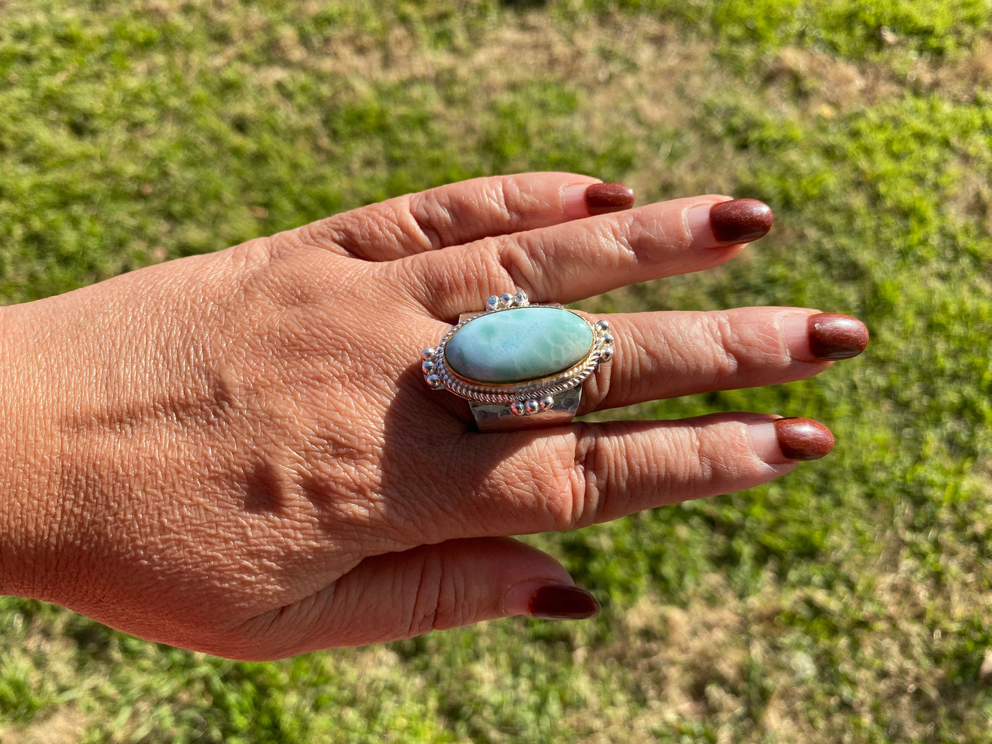 Larimar Two Tone Big Adjustable Ring, Brushed Gold & Silver Overlay, Natural Gemstone Ring, Statement Ring, Bridesmaid Gift, Hammered Ring