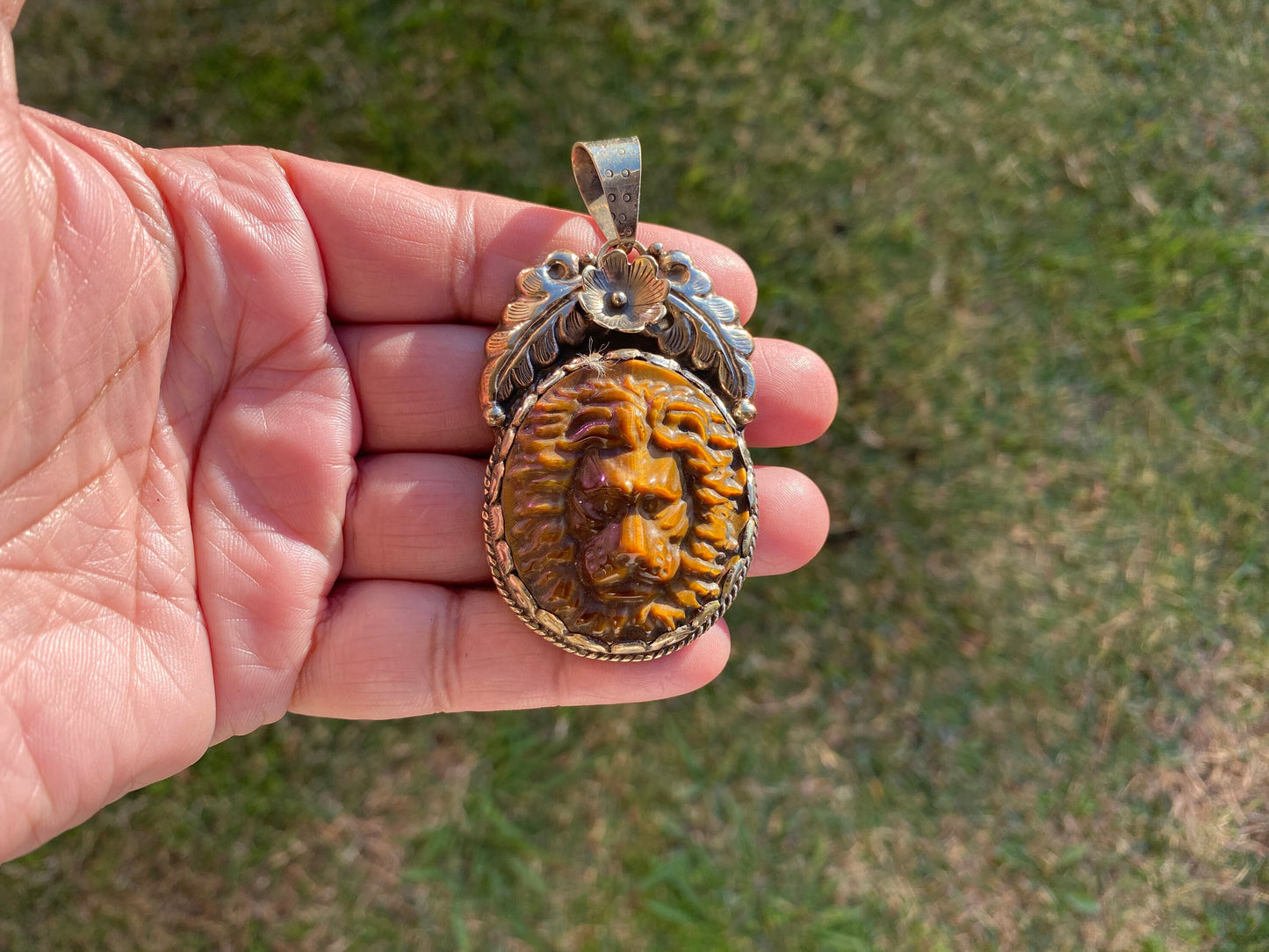 Lion Head Tiger Eye Natural Stone Tibetan Silver Pendant, Hand Carved Lion Pendant, Animal Lover's Jewelry, Crystal Pendant, Animal Pendant
