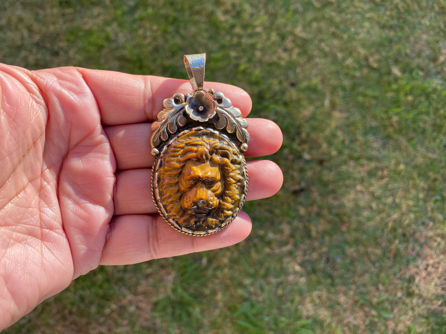 Lion Head Tiger Eye Natural Stone Tibetan Silver Pendant, Hand Carved Lion Pendant, Animal Lover's Jewelry, Crystal Pendant, Animal Pendant