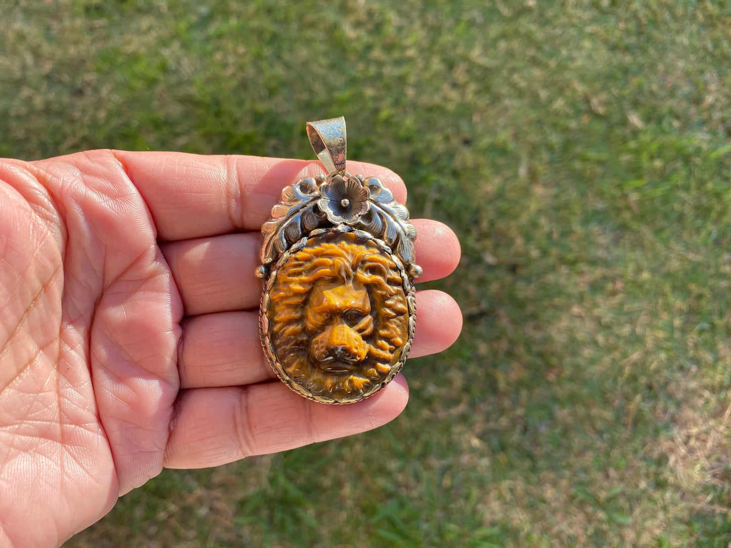 Lion Head Tiger Eye Natural Stone Tibetan Silver Pendant, Hand Carved Lion Pendant, Animal Lover's Jewelry, Crystal Pendant, Animal Pendant