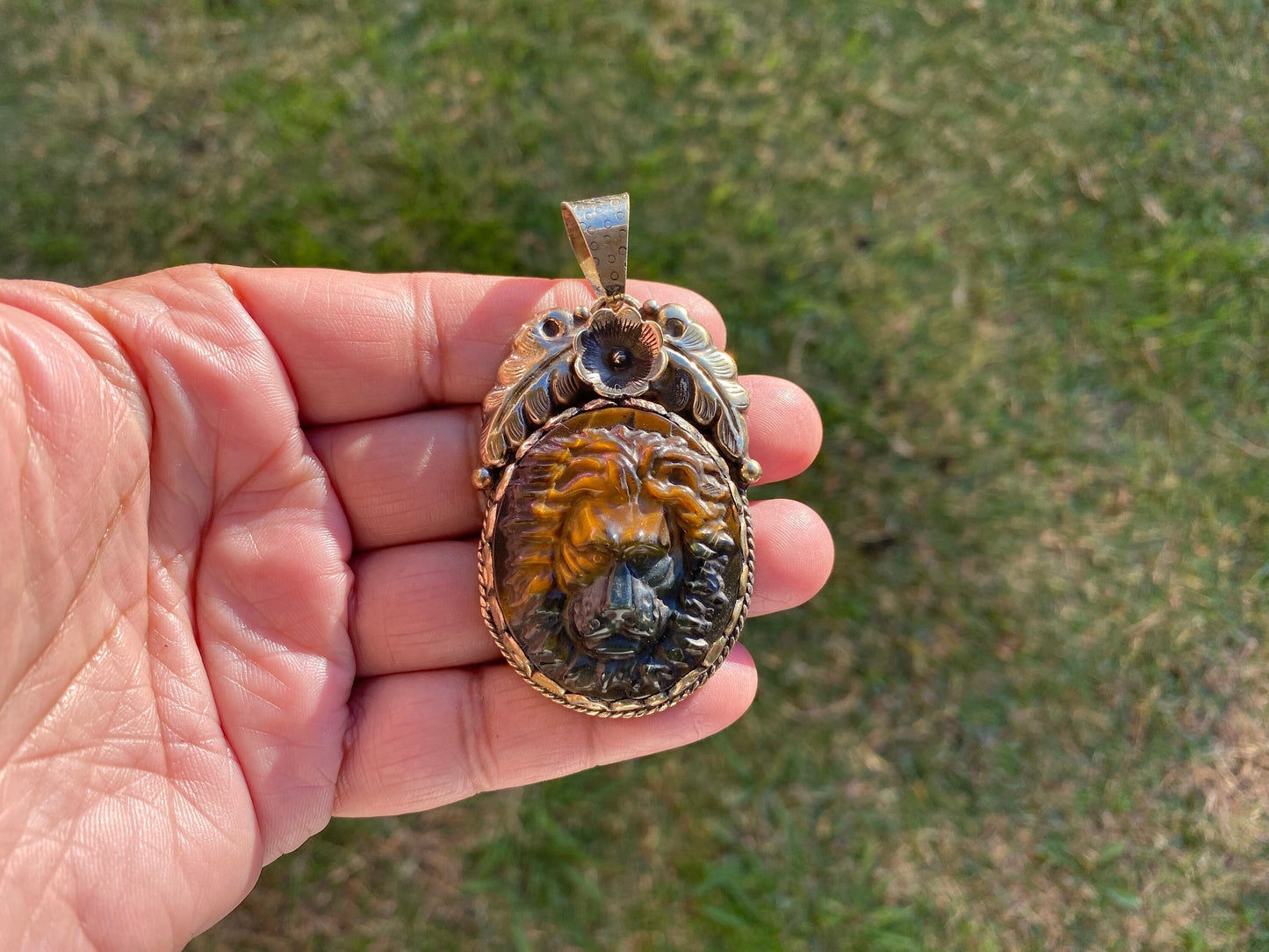 Lion Head Tiger Eye Natural Stone Tibetan Silver Pendant, Hand Carved Lion Pendant, Animal Lover's Jewelry, Crystal Pendant, Animal Pendant